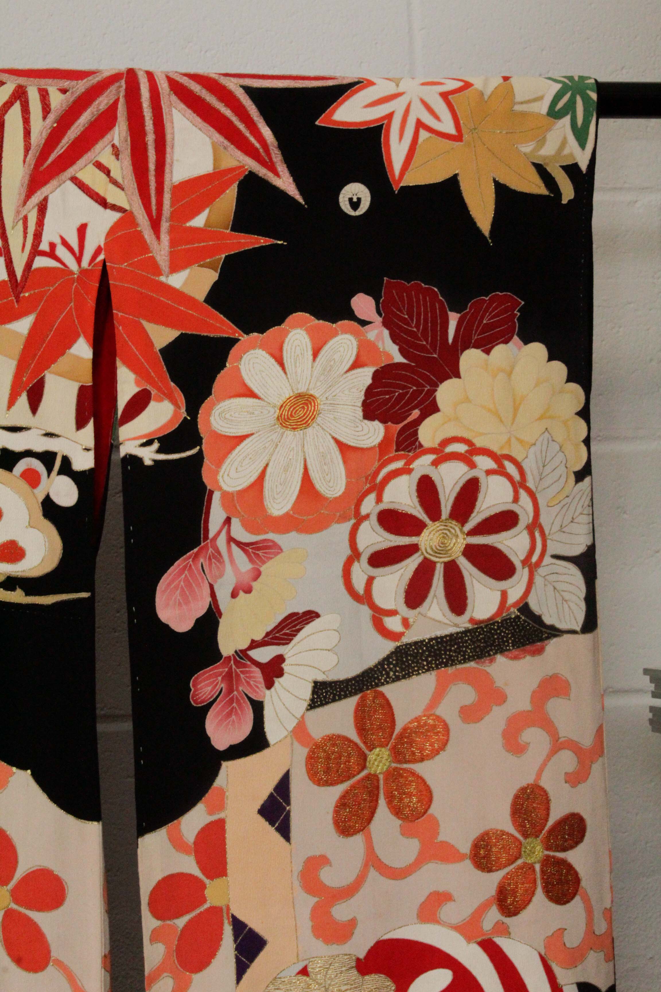 Circa 1915 Antique Handwoven Silk Crepe Formal Crested Furisode Kimono