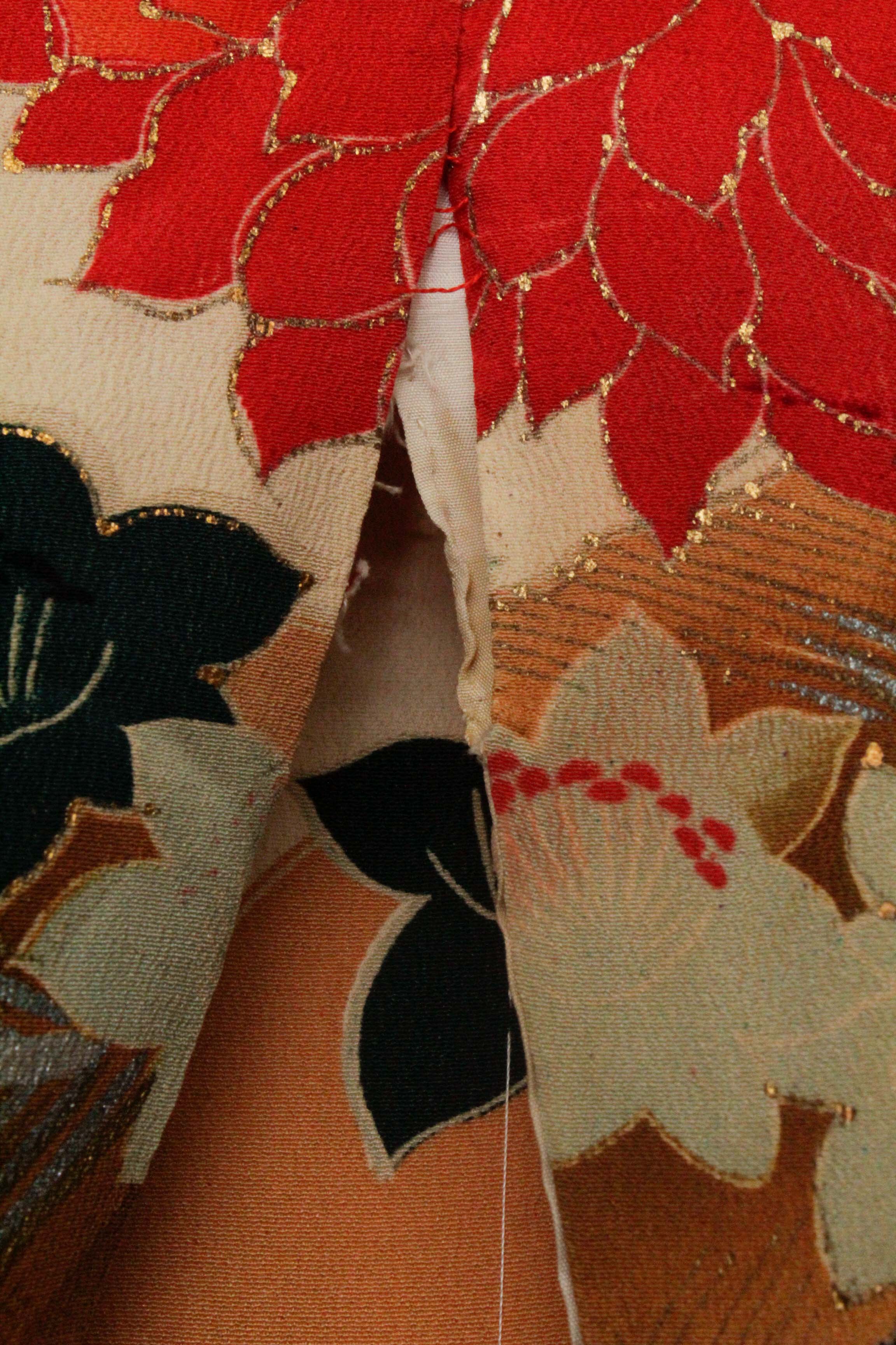 Circa 1930 Vintage Handwoven Silk Crepe Formal Crested Furisode Kimono