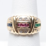14K Yellow Gold Ruby, Emerald, Blue Sapphire, and Diamond Ring