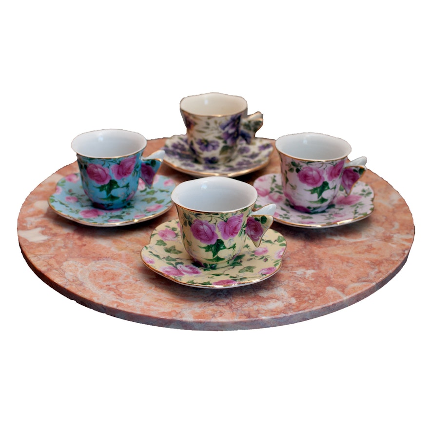 Special Place Teacups and Saucers with Marble Lazy Susan