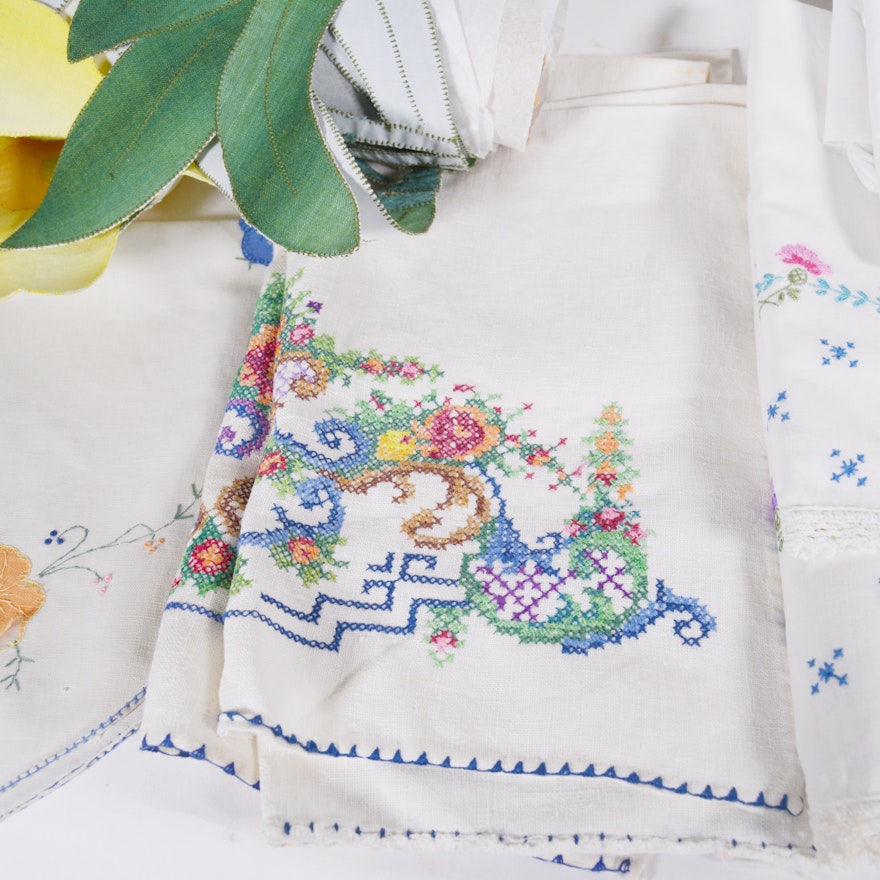 Floral Table Runner and Embroidered Pillowcases