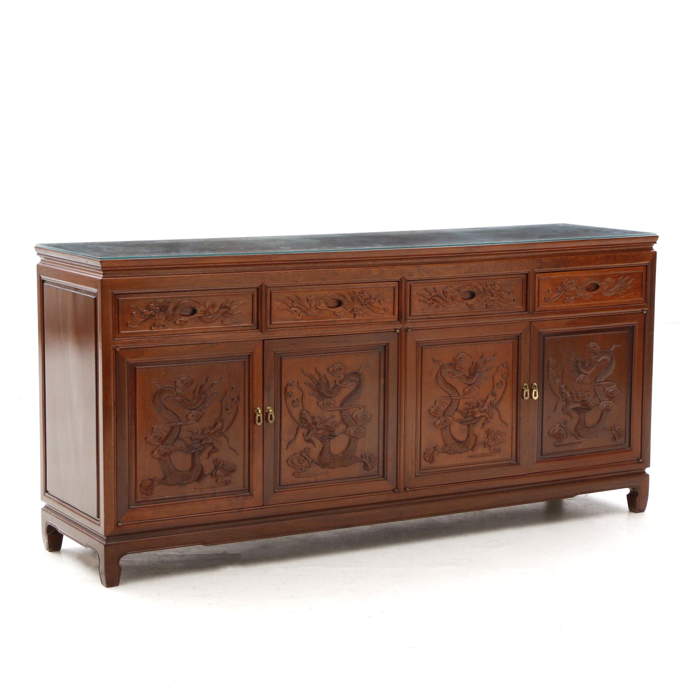 Chinese Style Carved Walnut Sideboard, 20th Century