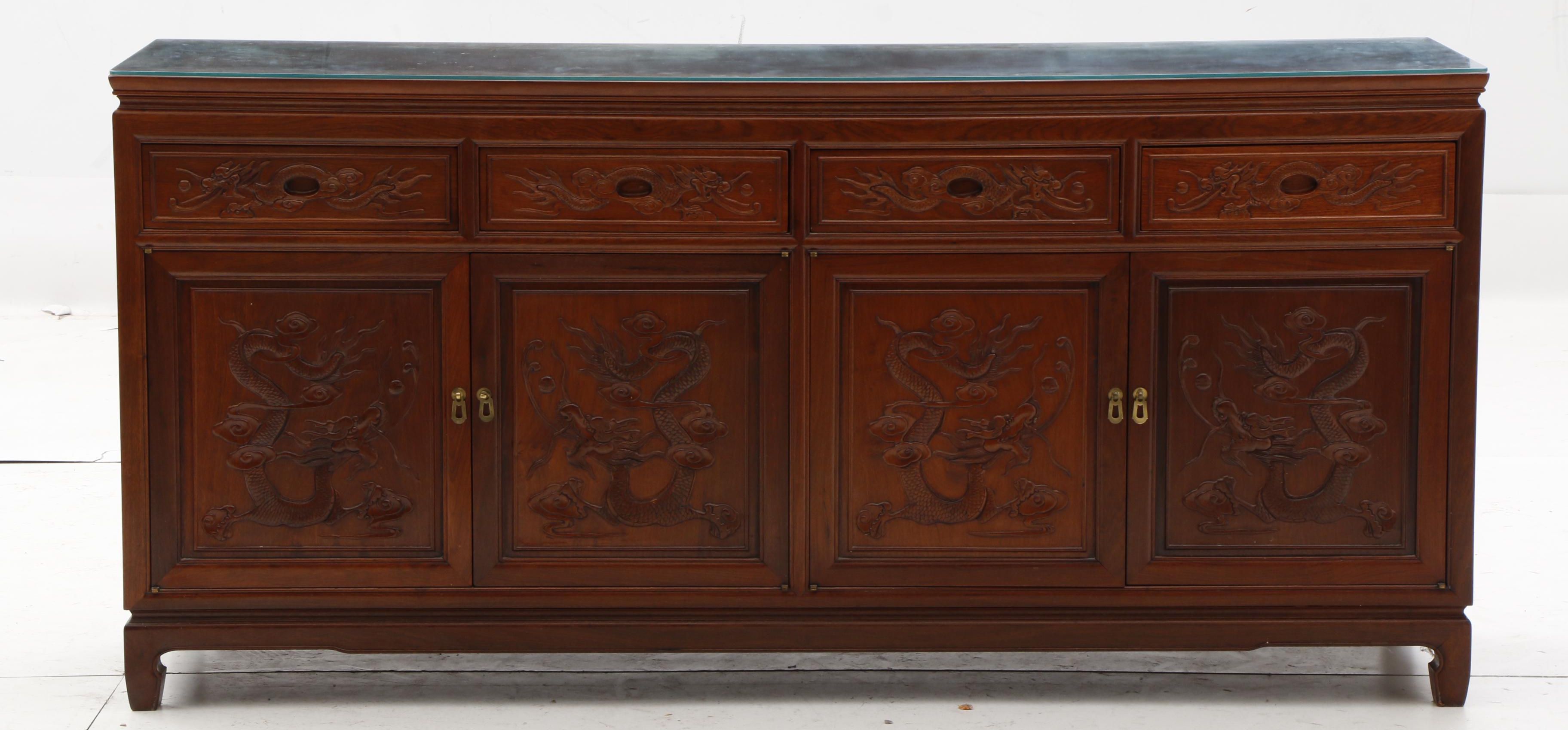Chinese Style Carved Walnut Sideboard, 20th Century