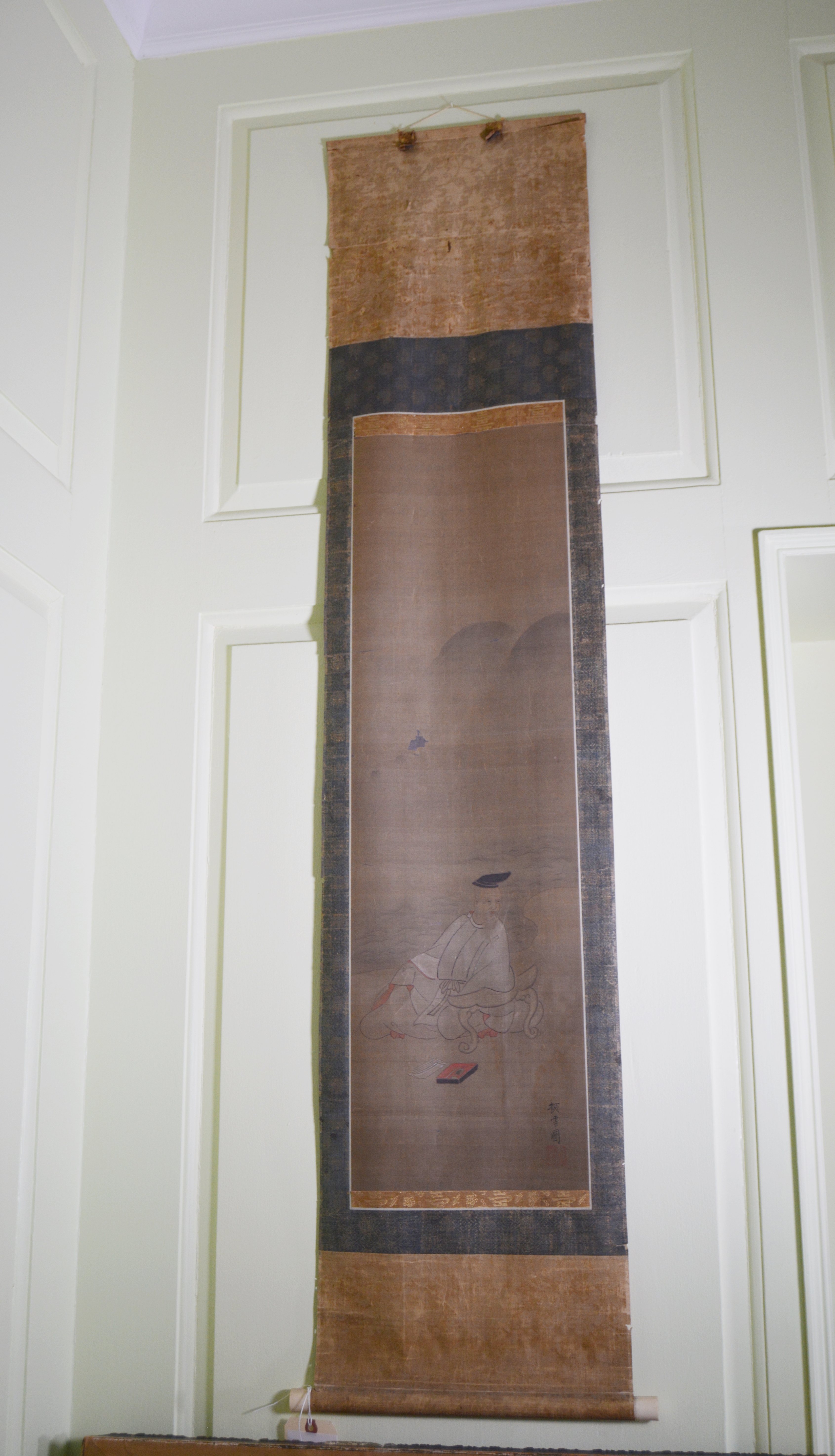 Vintage Japanese Gouache Portrait Hanging Scroll "Catching Snow"