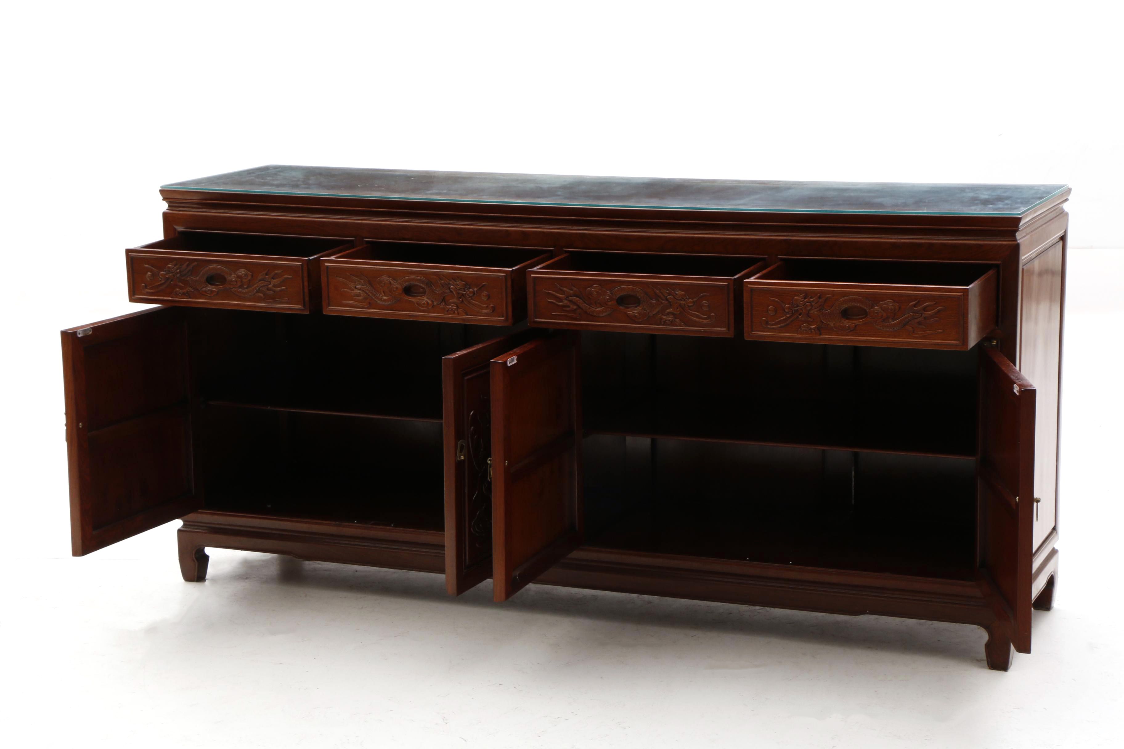 Chinese Style Carved Walnut Sideboard, 20th Century