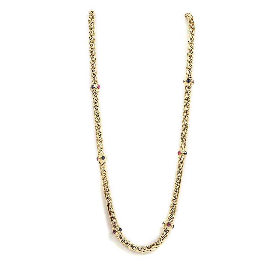 18K Yellow Gold Braided Wheat Chain Necklace with Ruby and Sapphire Stations