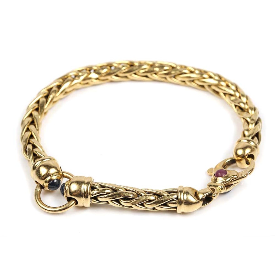 18K Yellow Gold Wheat Chain Bracelet with Ruby and Sapphire Accents