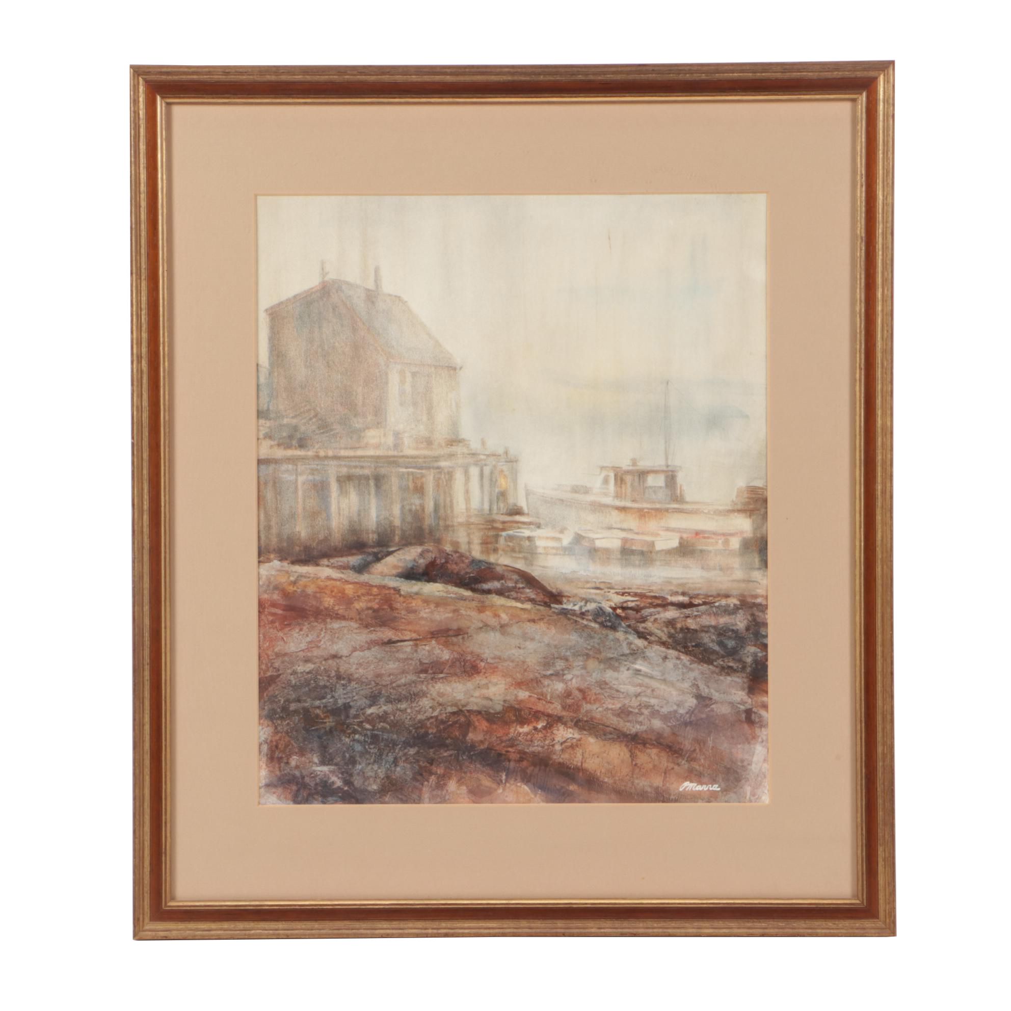 P. Marra Watercolor Painting of Harbor Scene