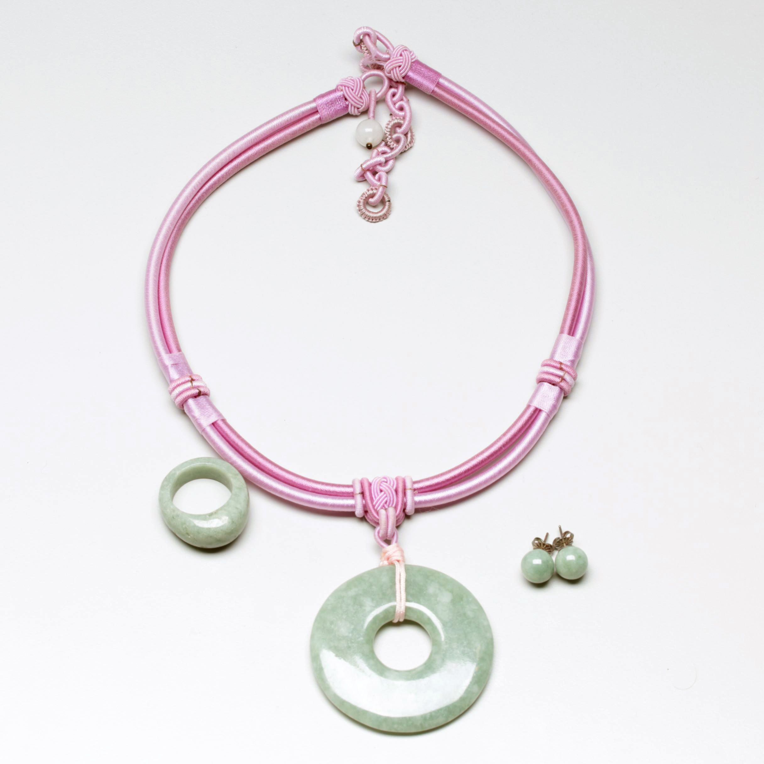 Sterling Silver Carved Jadeite, Quartz and Glass Jewelry Assortment