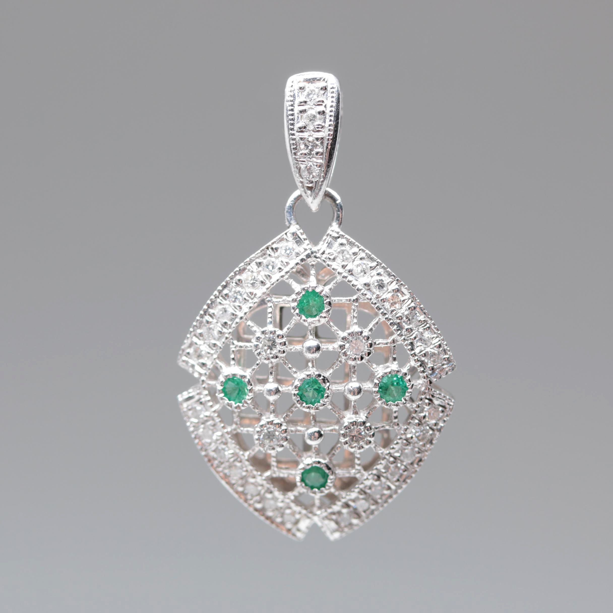 Platinum Emerald and Diamond Openwork Pendant