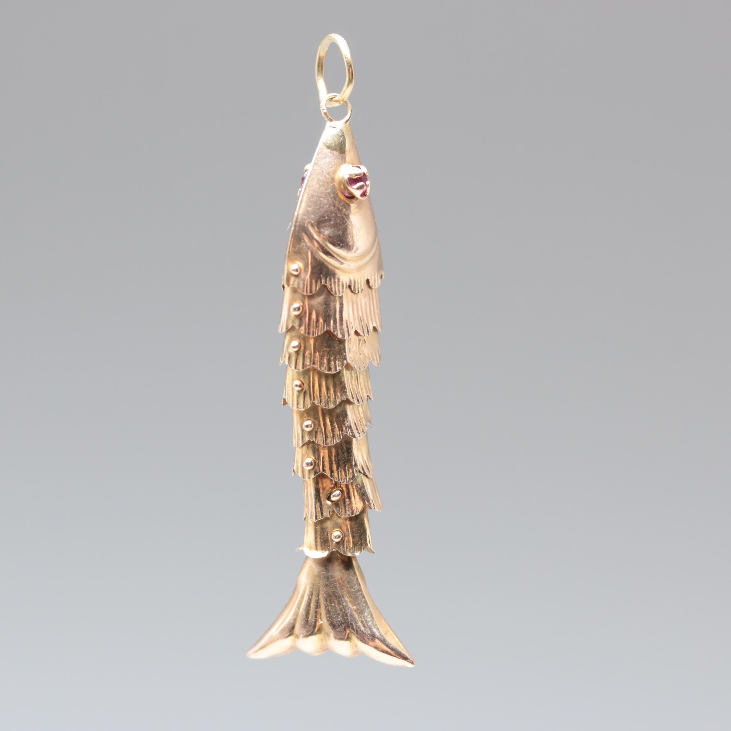 14K Yellow Gold Ruby Articulated Fish Charm