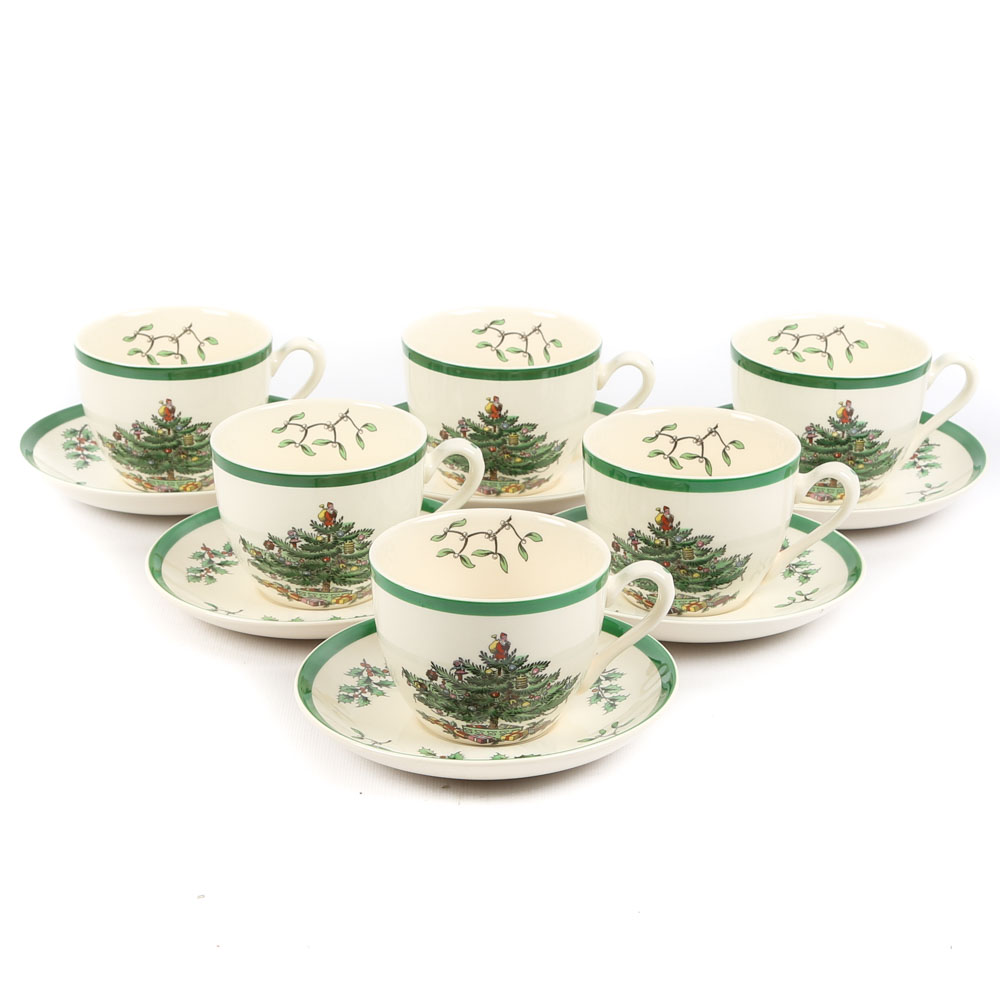 Spode "Christmas Tree" Earthenware Teacups and Saucers