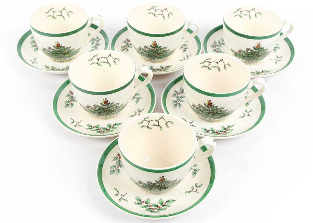 Spode "Christmas Tree" Earthenware Teacups and Saucers