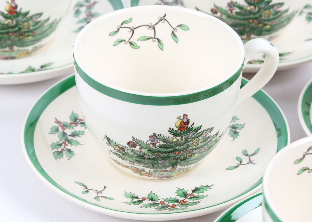 Spode "Christmas Tree" Earthenware Teacups and Saucers