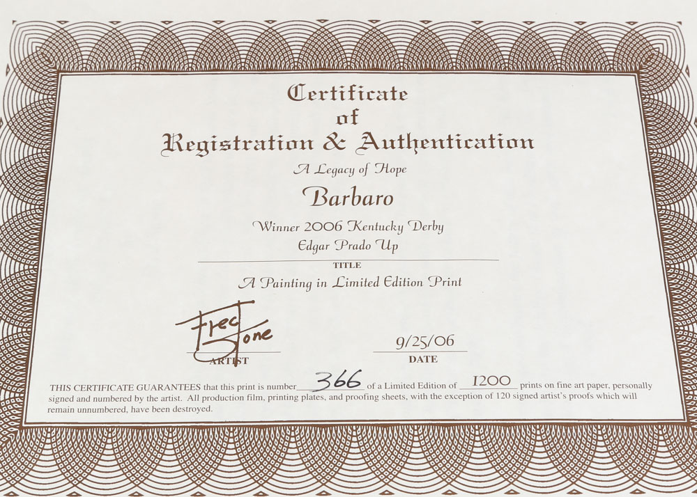 Fred Stone Signed Limited Edition Lithograph "A Legacy of Hope - Barbaro"