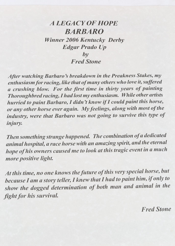 Fred Stone Signed Limited Edition Lithograph "A Legacy of Hope - Barbaro"