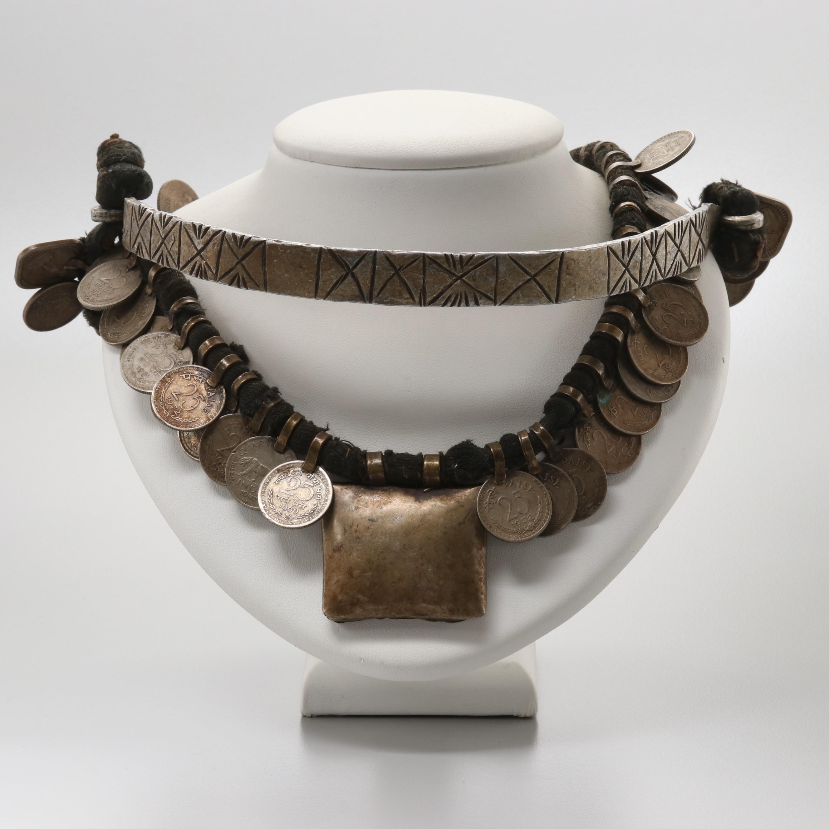 Artisan Indian 25-Paise Coin Necklace with Carved Metal Neckband