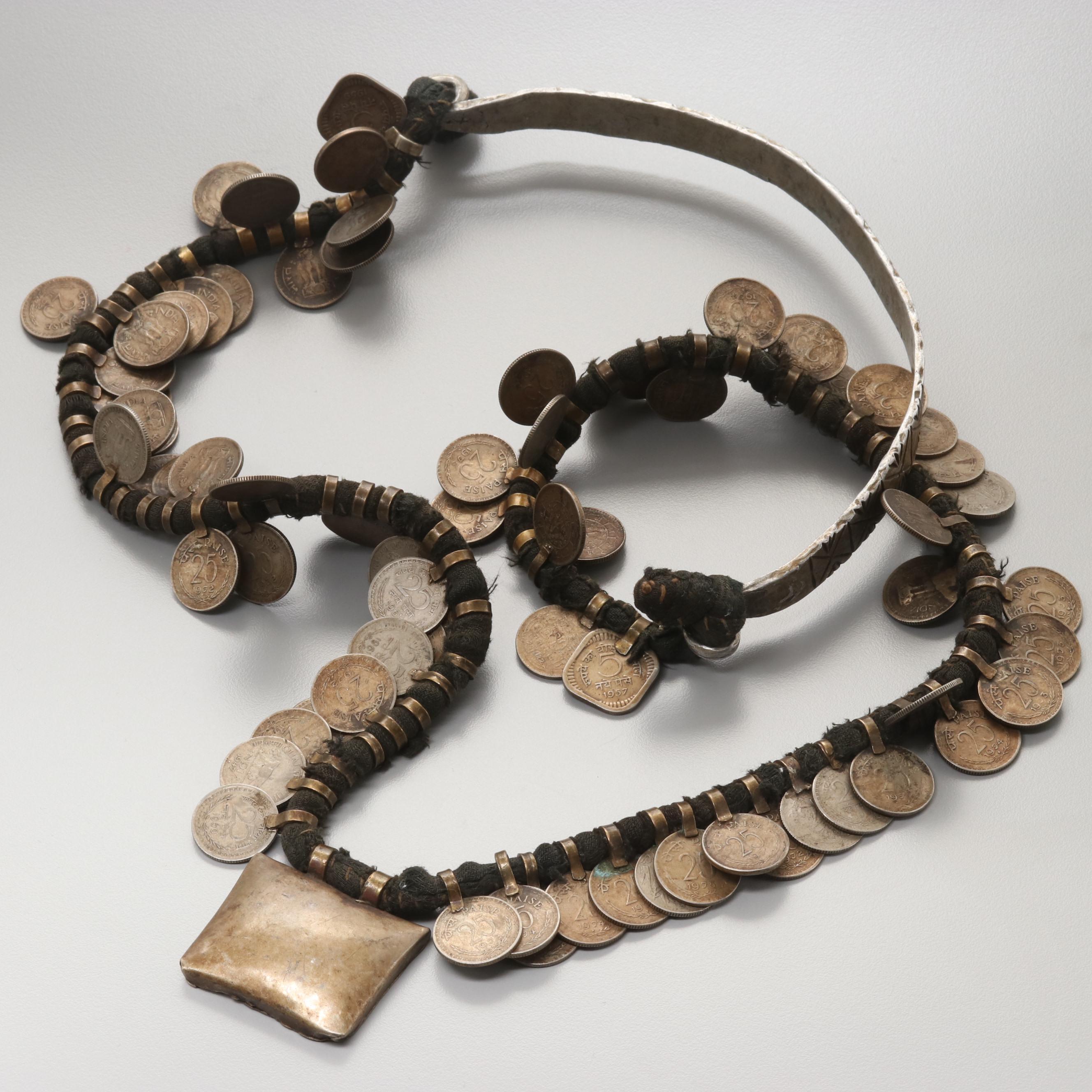 Artisan Indian 25-Paise Coin Necklace with Carved Metal Neckband