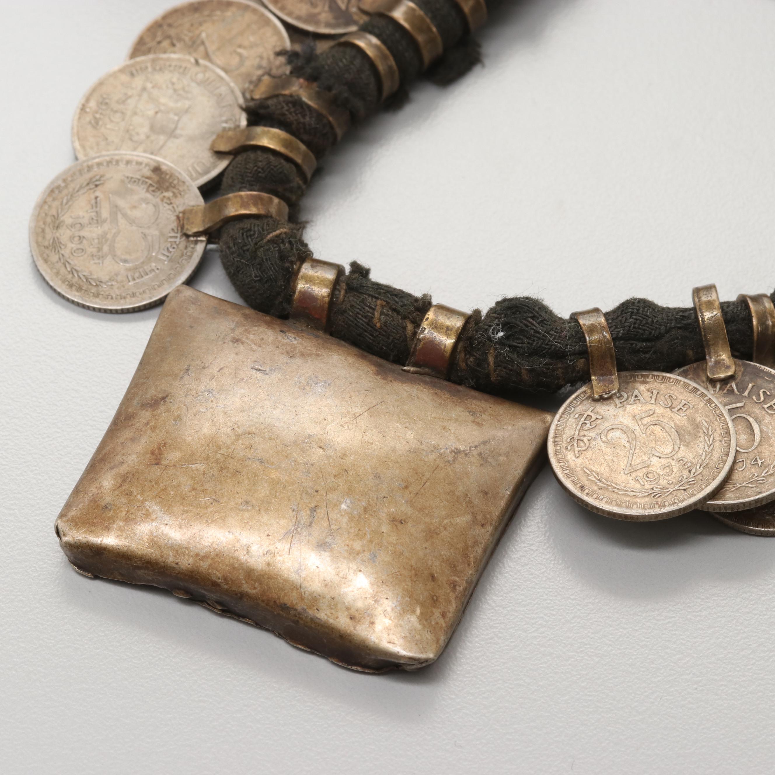 Artisan Indian 25-Paise Coin Necklace with Carved Metal Neckband