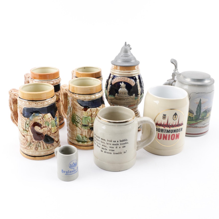 German, Japanese, and American Beer Steins including Marzi & Remy