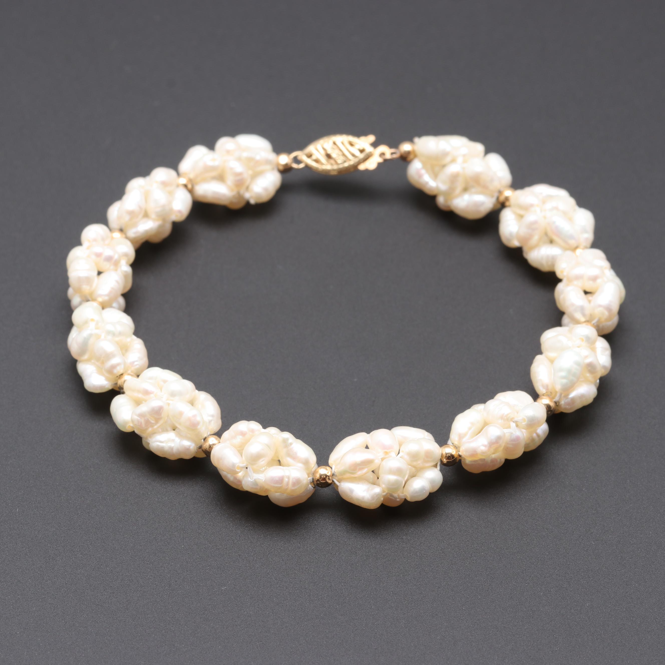 14K Yellow Gold Cultured Pearl Cluster Bracelet