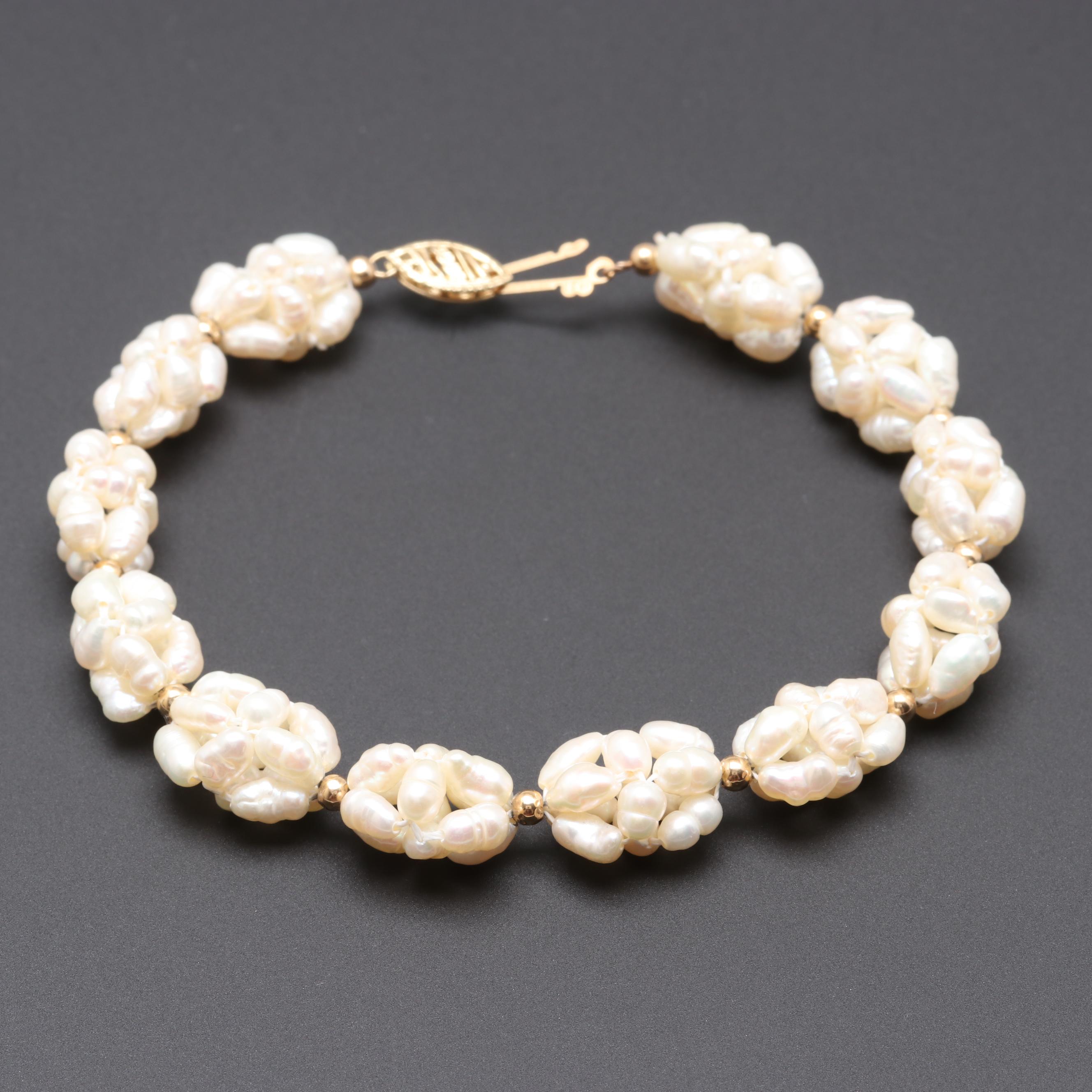 14K Yellow Gold Cultured Pearl Cluster Bracelet