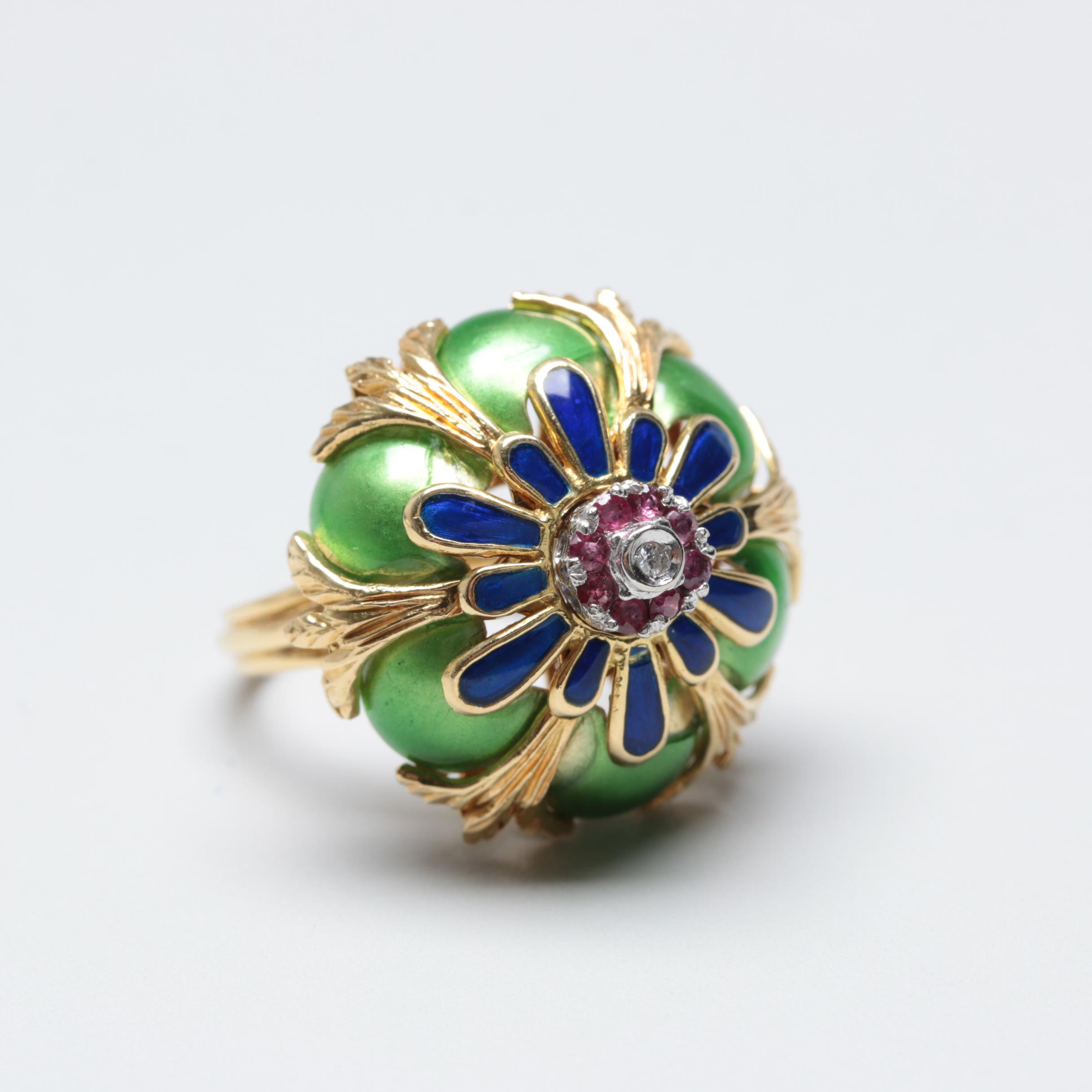 18K Yellow Gold Diamond, Ruby and Enamel Domed Ring