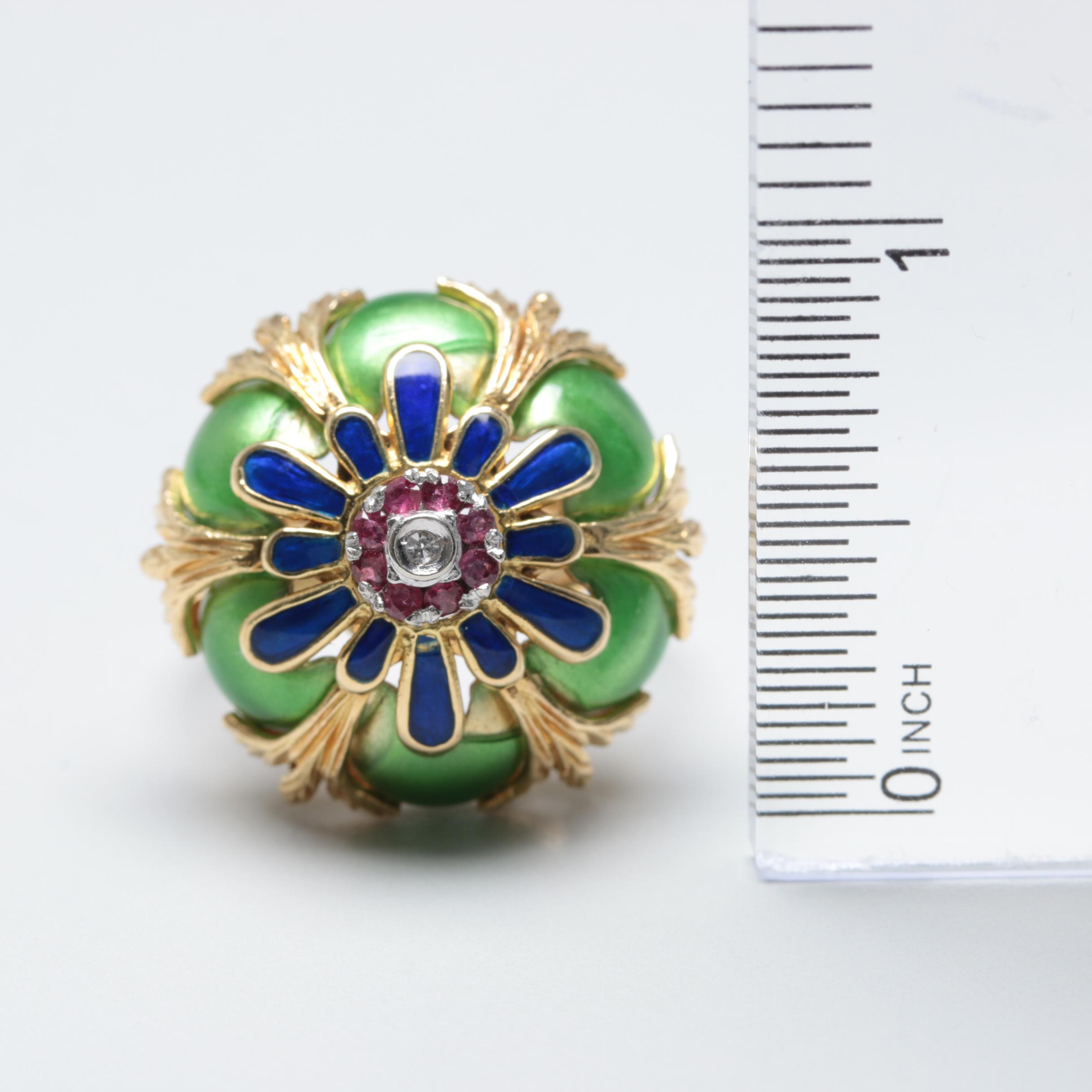 18K Yellow Gold Diamond, Ruby and Enamel Domed Ring
