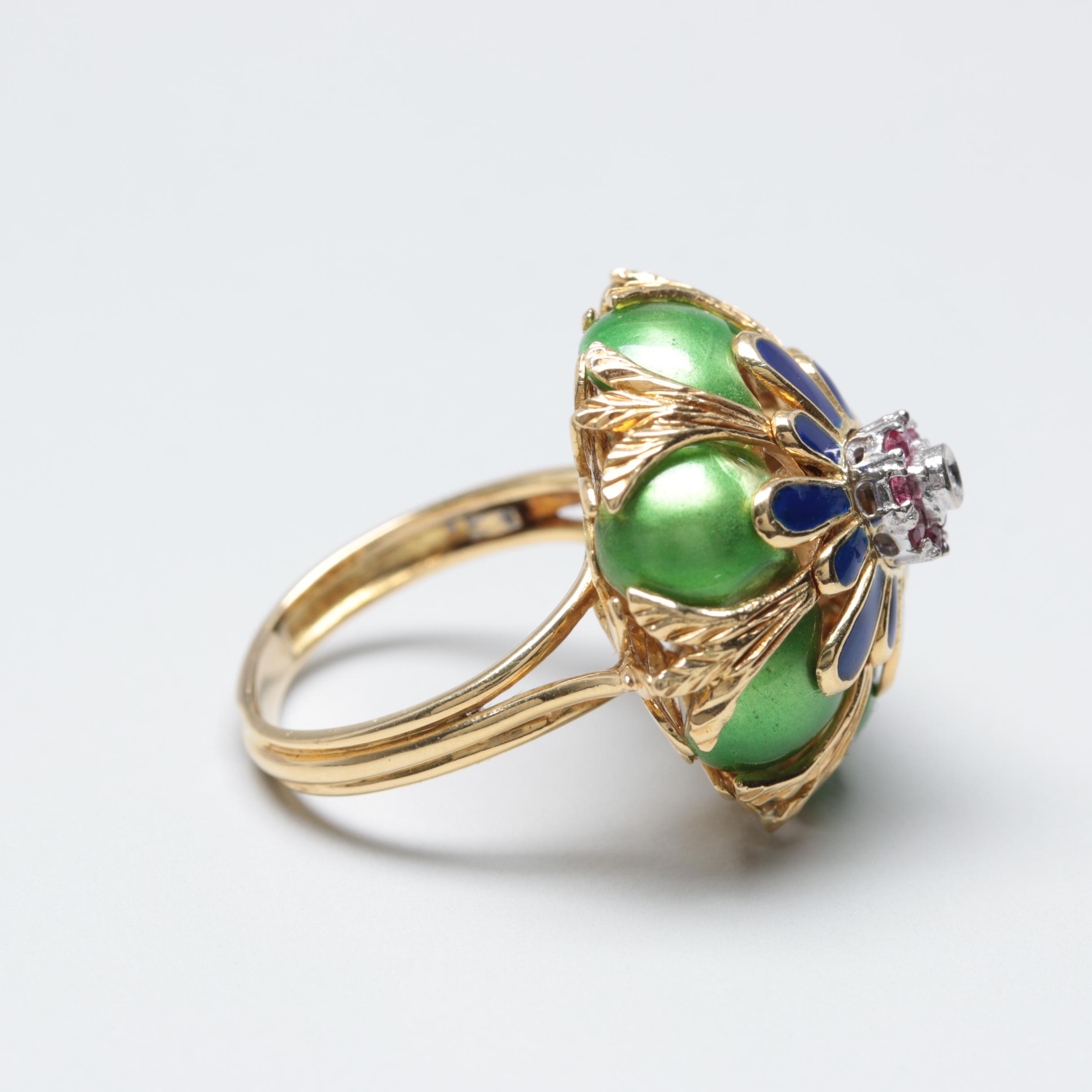 18K Yellow Gold Diamond, Ruby and Enamel Domed Ring