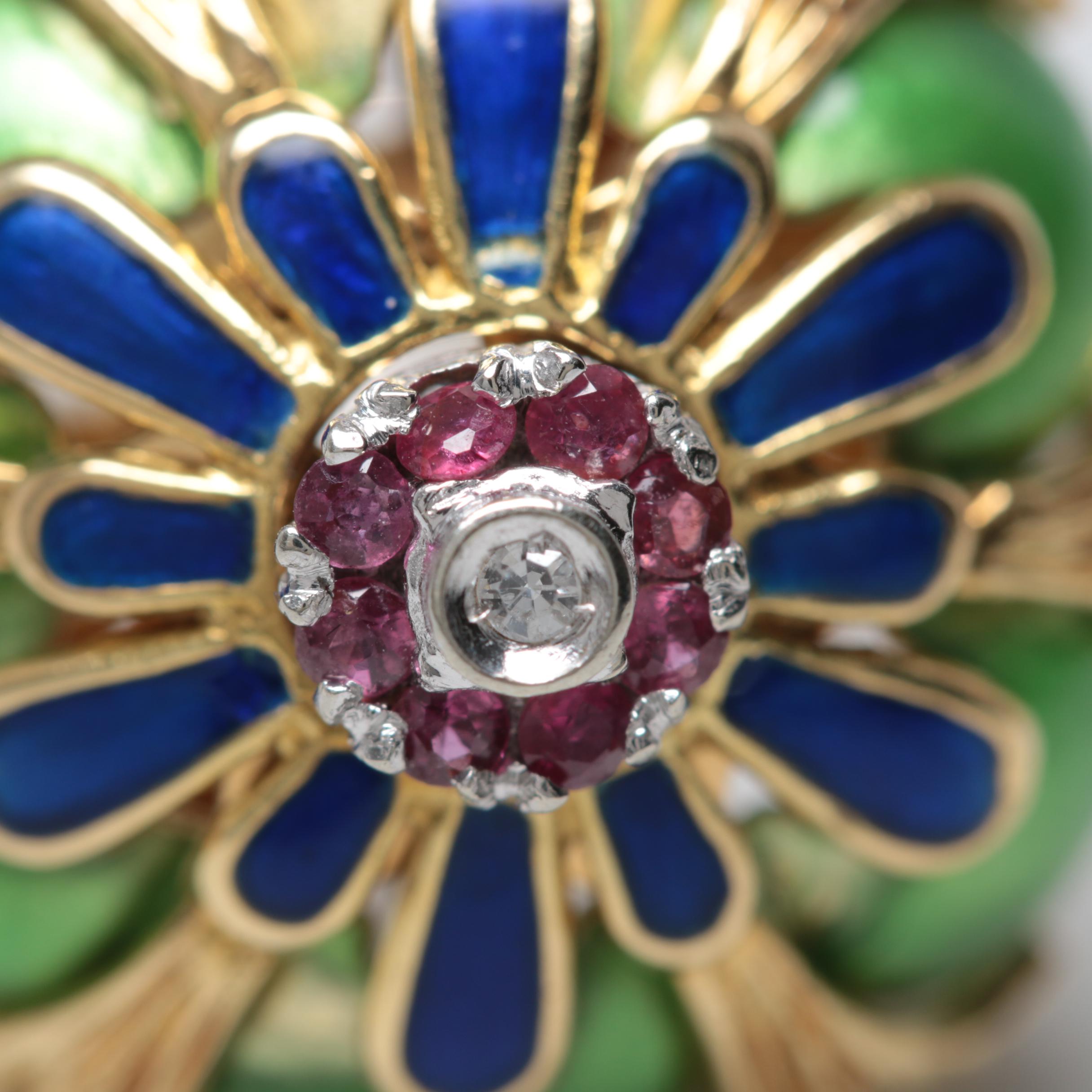 18K Yellow Gold Diamond, Ruby and Enamel Domed Ring