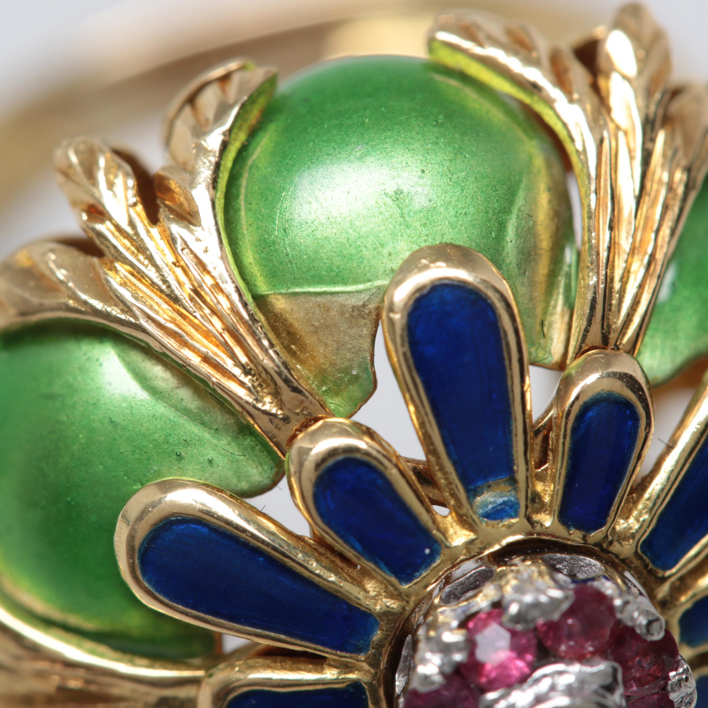 18K Yellow Gold Diamond, Ruby and Enamel Domed Ring