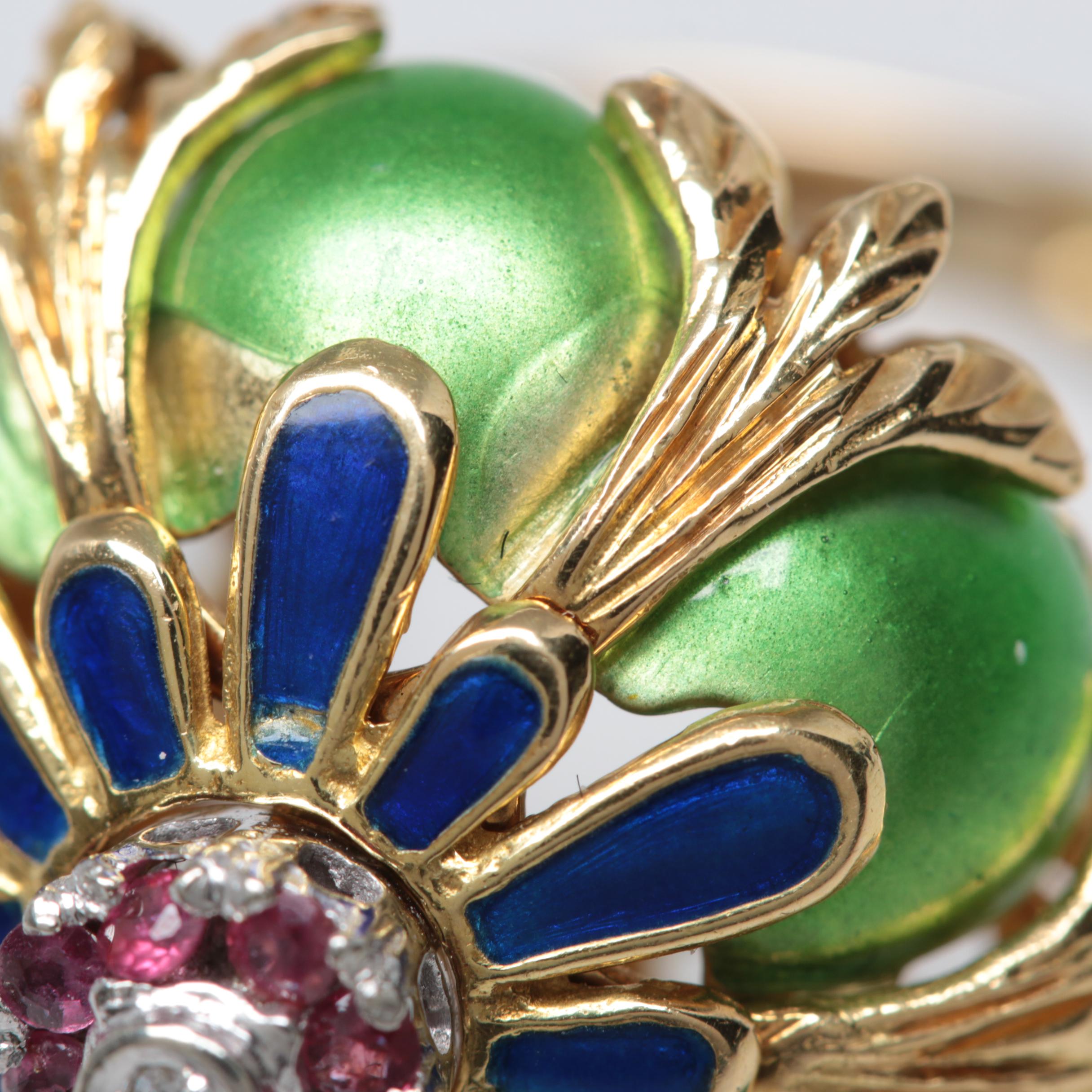 18K Yellow Gold Diamond, Ruby and Enamel Domed Ring