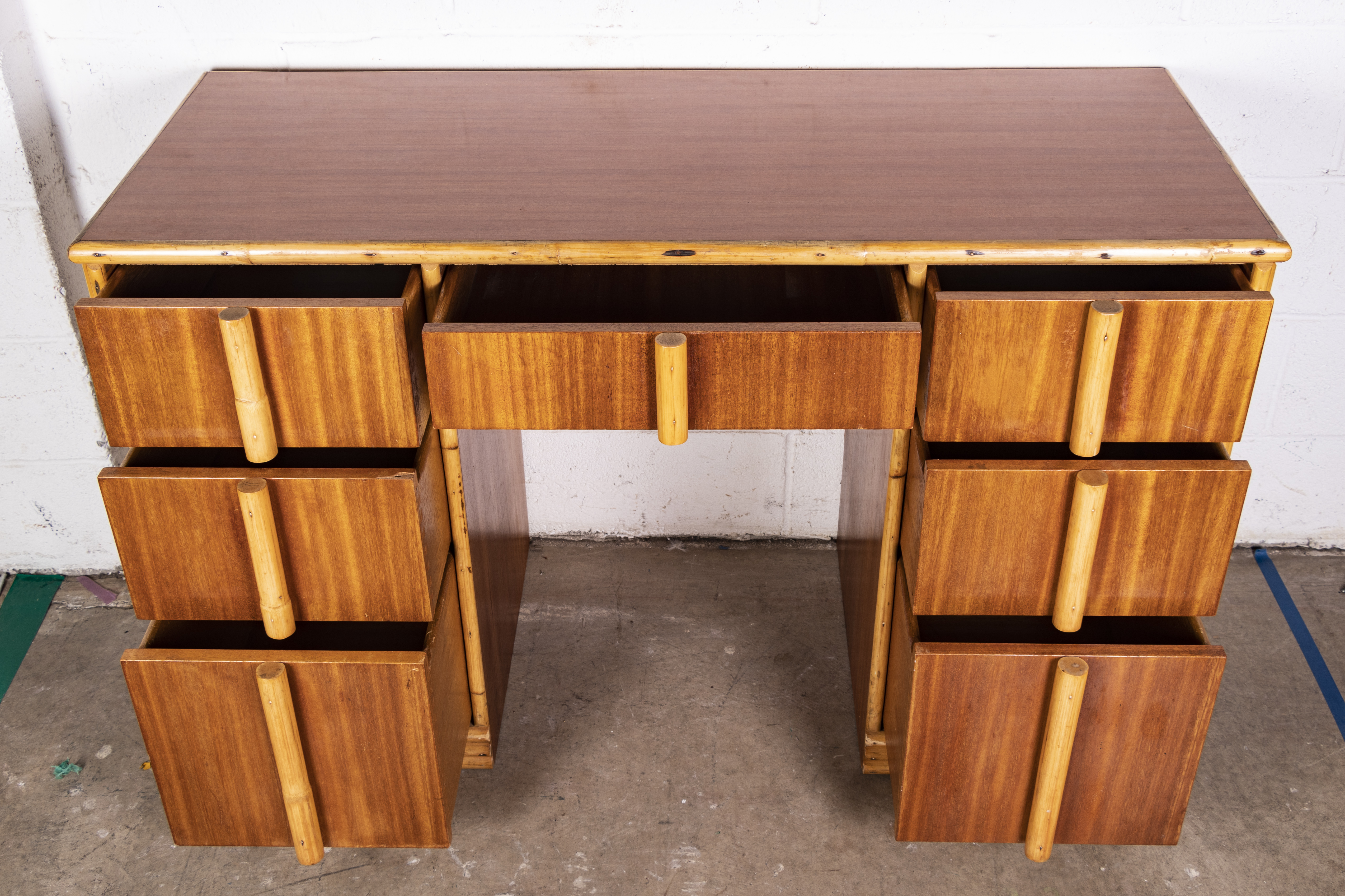 Mid Century Modern Style Teak and Rattan Desk by Tropitan, Mid- 20th Century