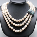 18K White Gold Culture Pearl Tri-Strand Necklace with Sapphire and Turquoise