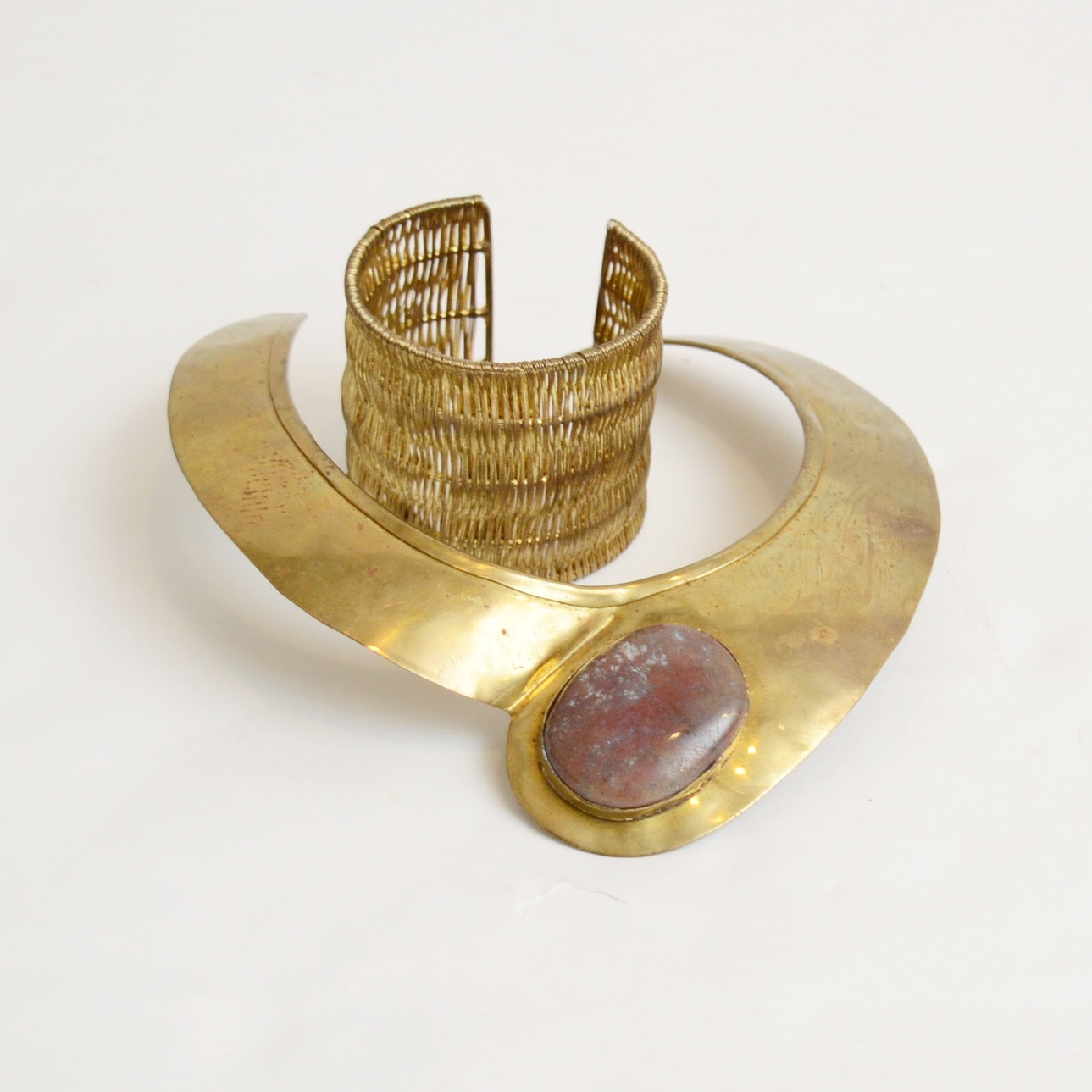 Brass Choker with Polished Jasper Stone and Broad Cuff Bracelet