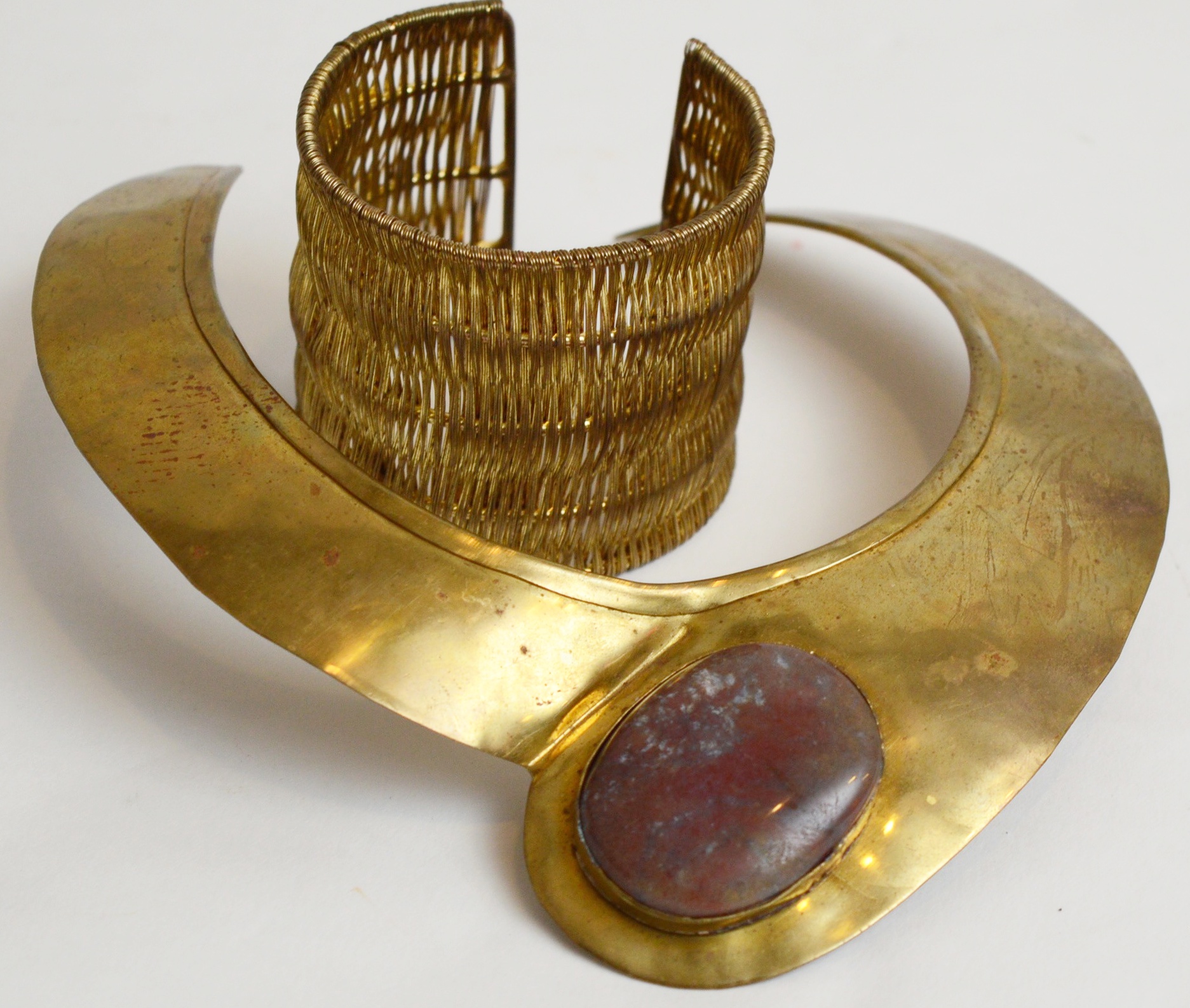 Brass Choker with Polished Jasper Stone and Broad Cuff Bracelet