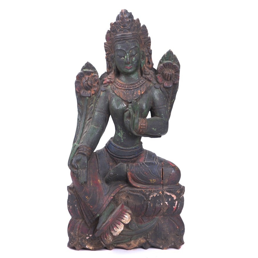 Sino-Tibetan Style Polychrome Carved Wood Green Tara Figurine