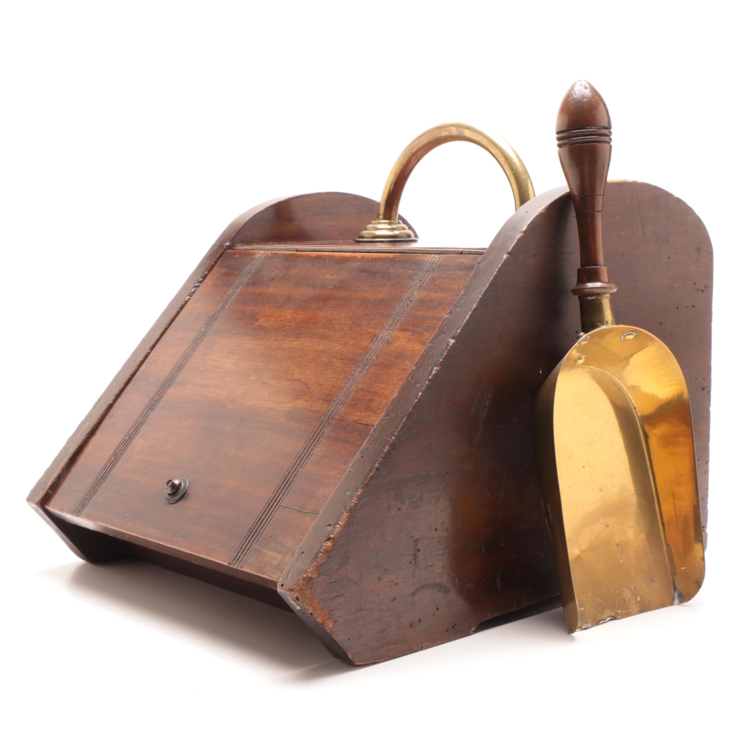 Wood Coal Scuttle and Scoop, Early 20th Century