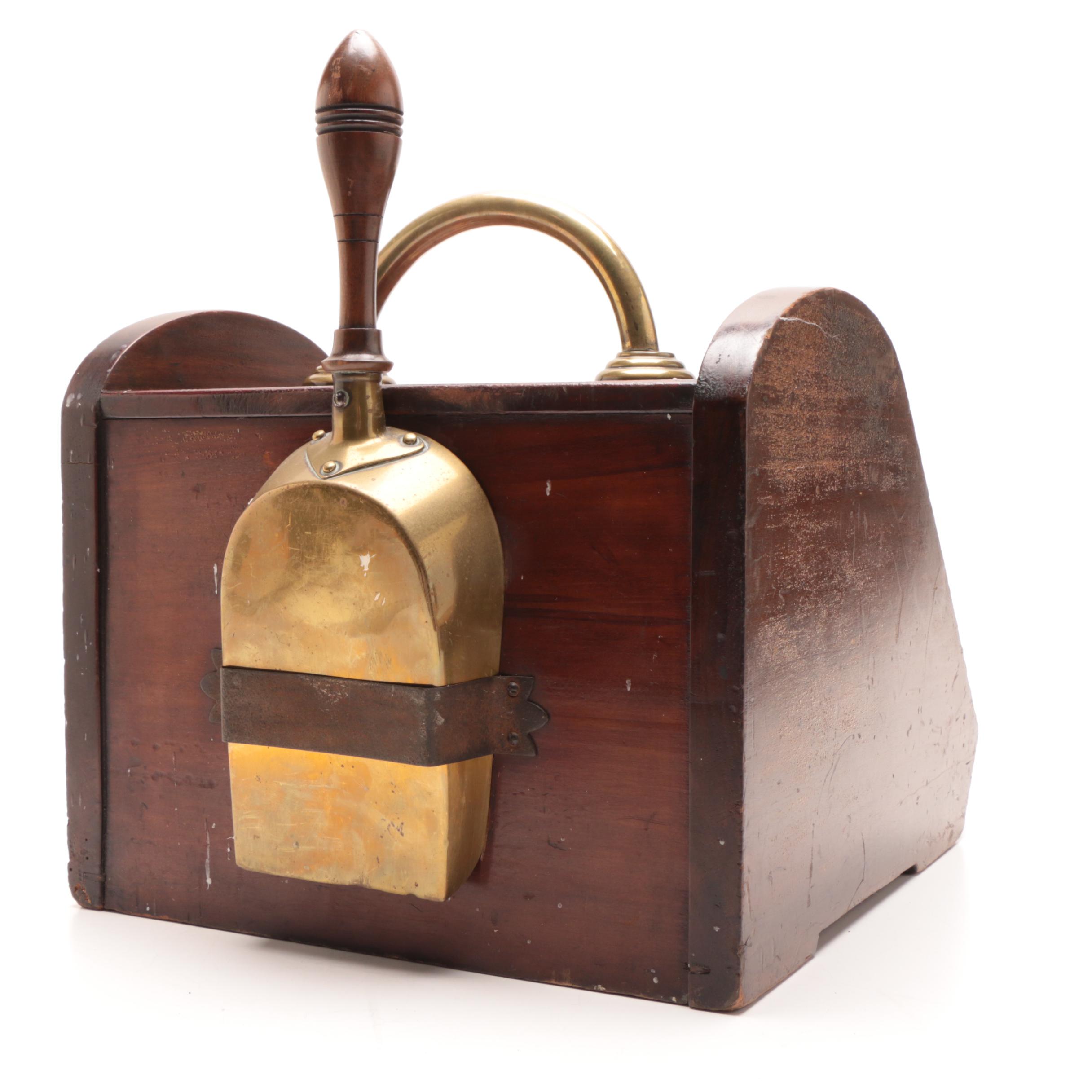 Wood Coal Scuttle and Scoop, Early 20th Century