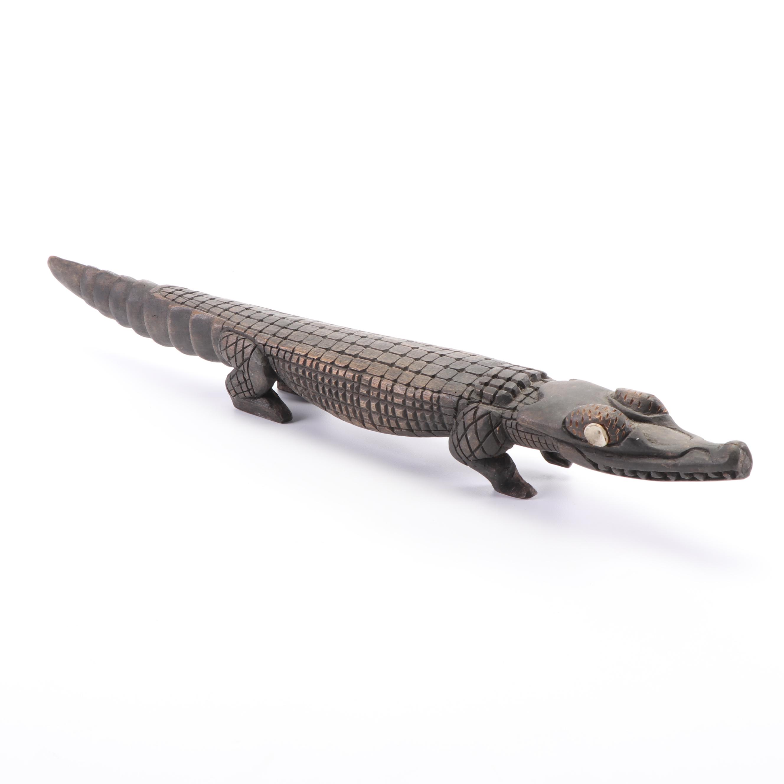 Congolese Style Carved Wooden Crocodile with Inset Bone Eyes