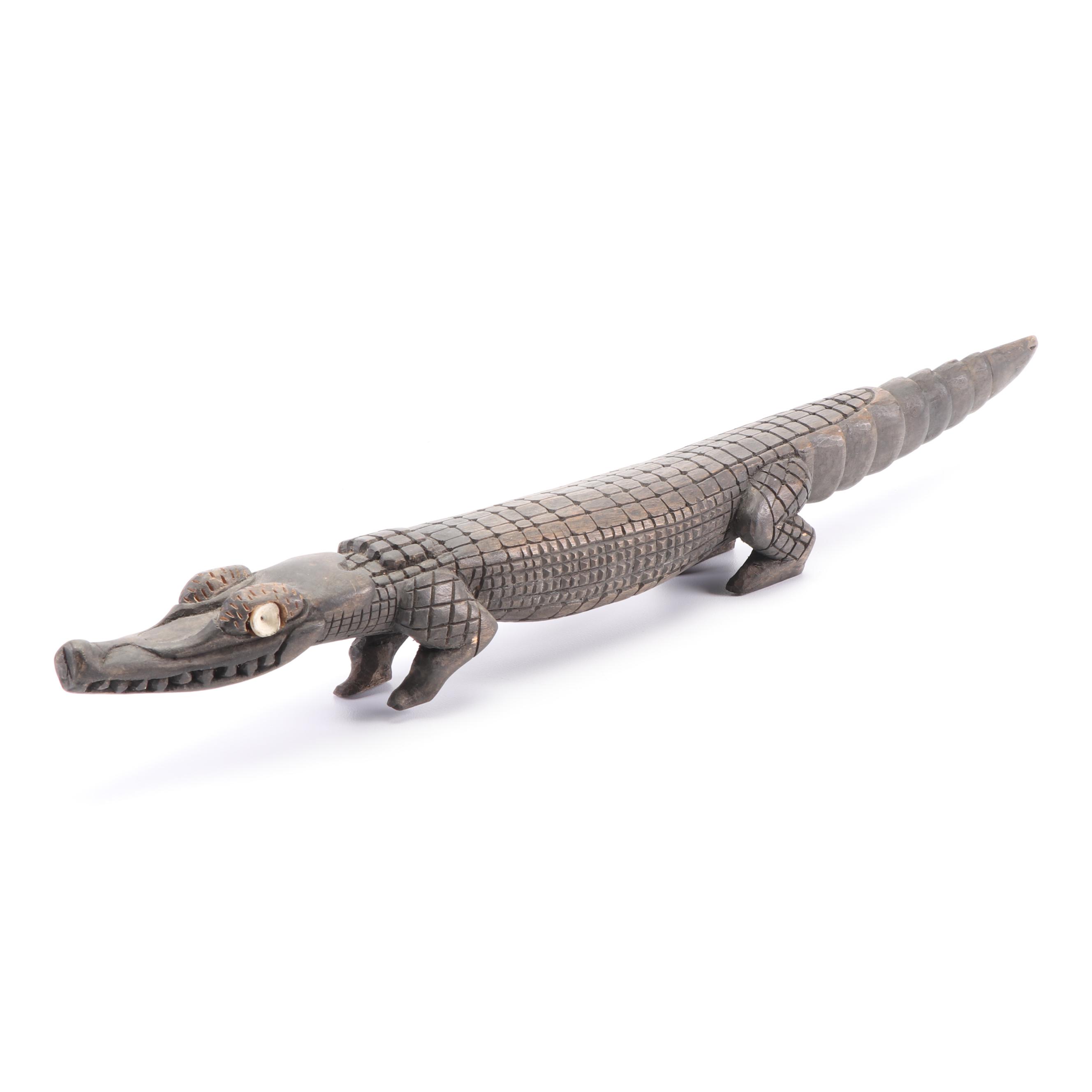Congolese Style Carved Wooden Crocodile with Inset Bone Eyes