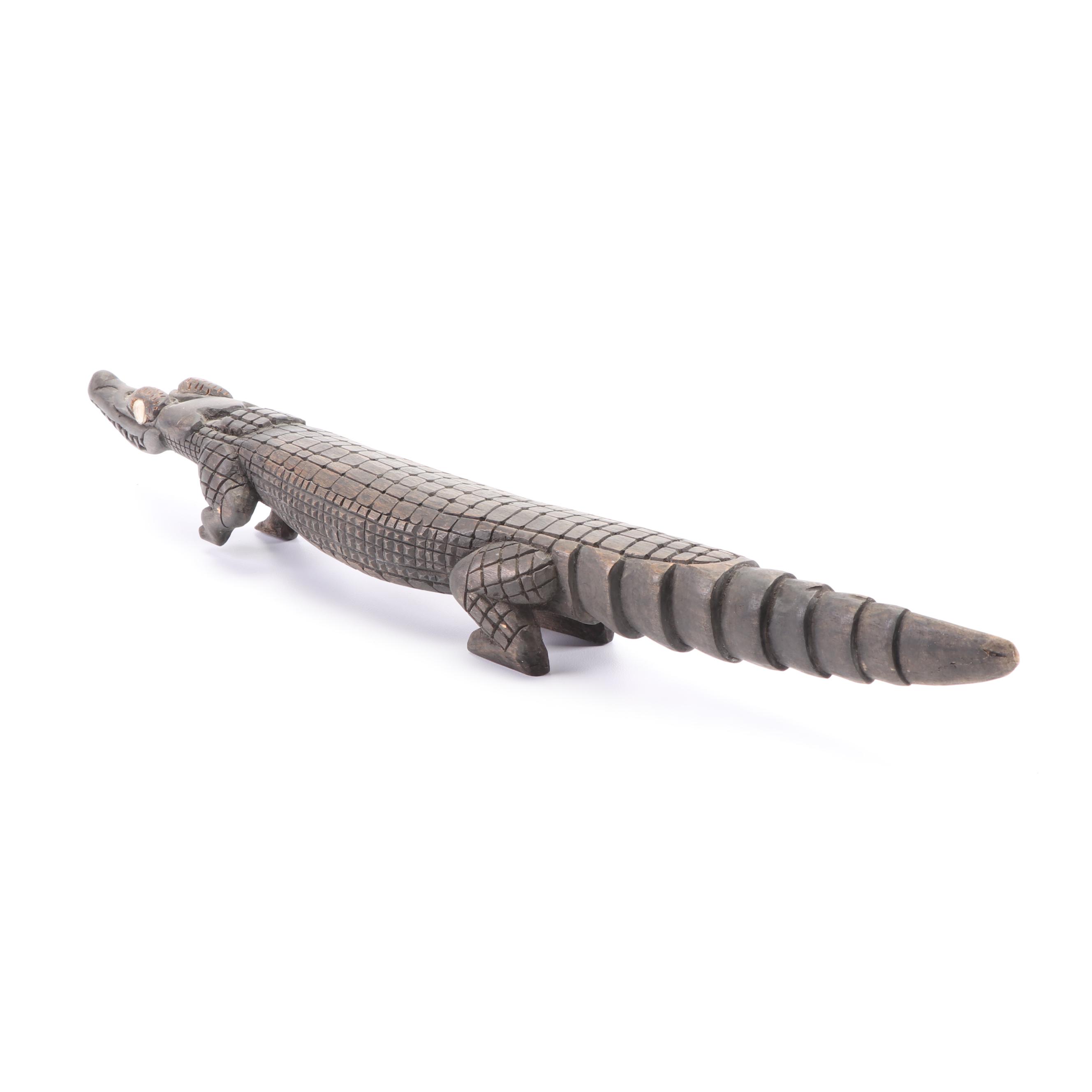Congolese Style Carved Wooden Crocodile with Inset Bone Eyes