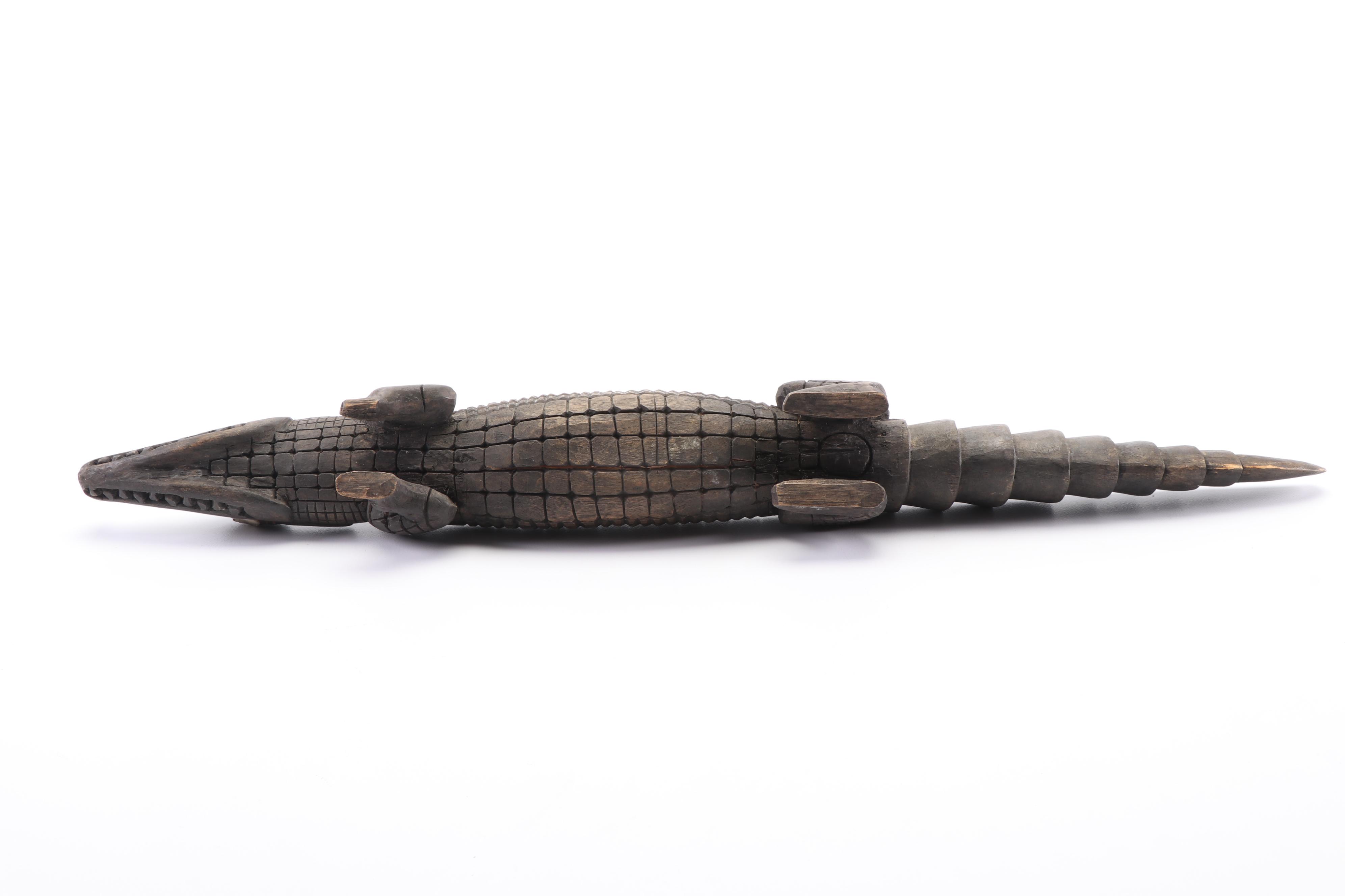 Congolese Style Carved Wooden Crocodile with Inset Bone Eyes