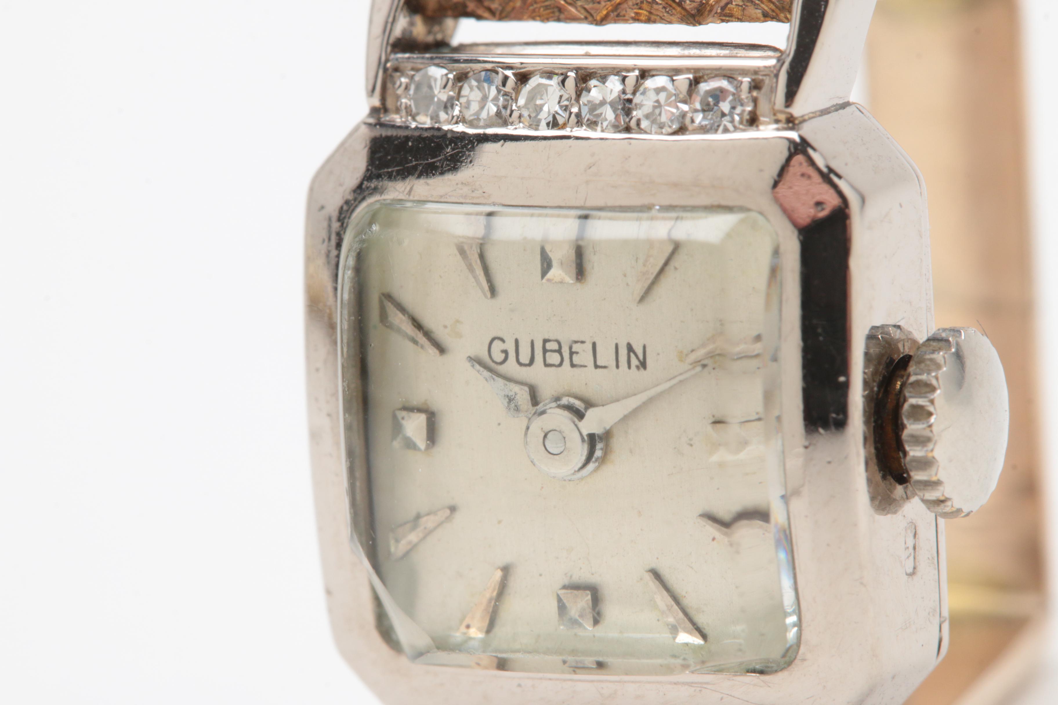 Vintage Gubelin 18K White Gold Diamond Watch Ring with 10K Yellow Gold Shank