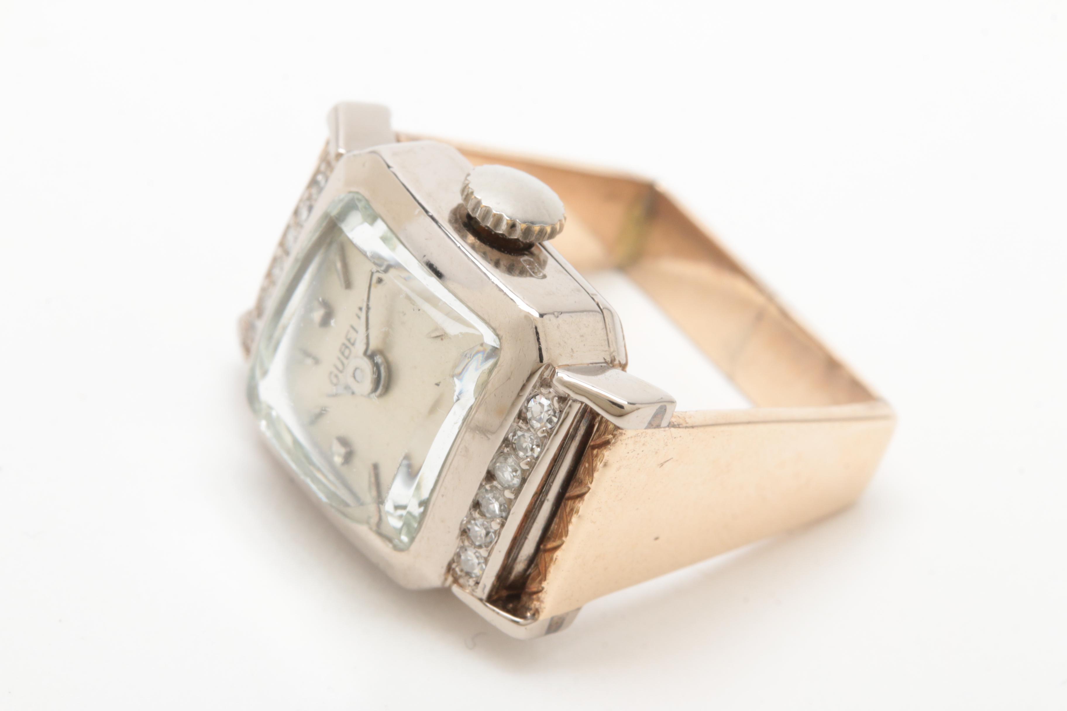 Vintage Gubelin 18K White Gold Diamond Watch Ring with 10K Yellow Gold Shank