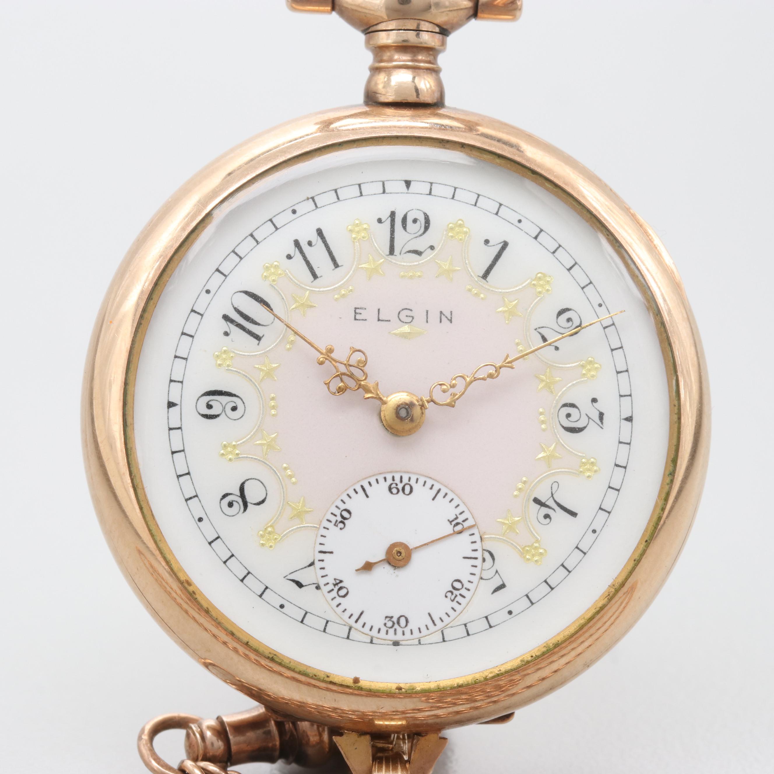Elgin Gold Filled Pendant Pocket Watch With 10K Gold Fob Chain 1911