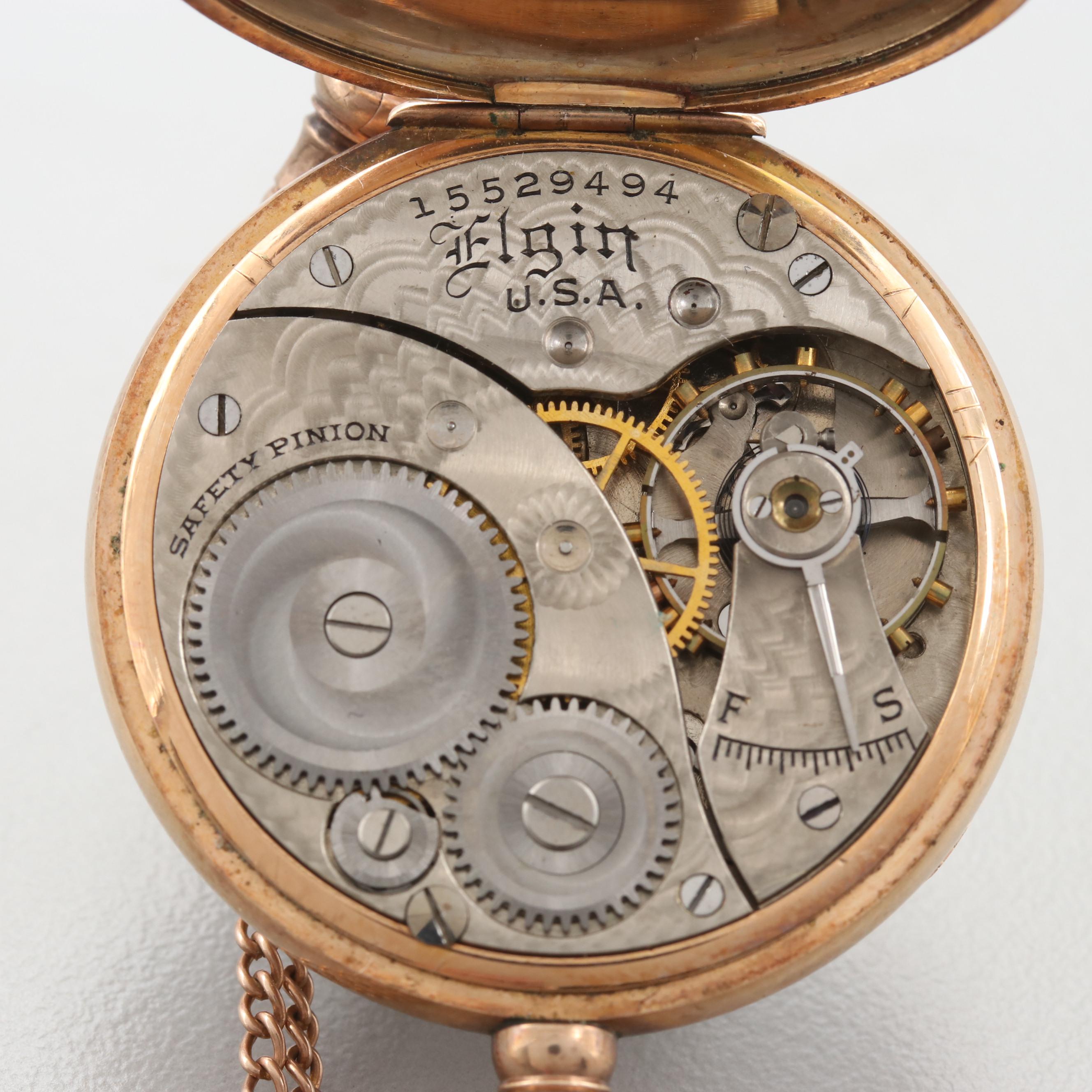 Elgin Gold Filled Pendant Pocket Watch With 10K Gold Fob Chain 1911