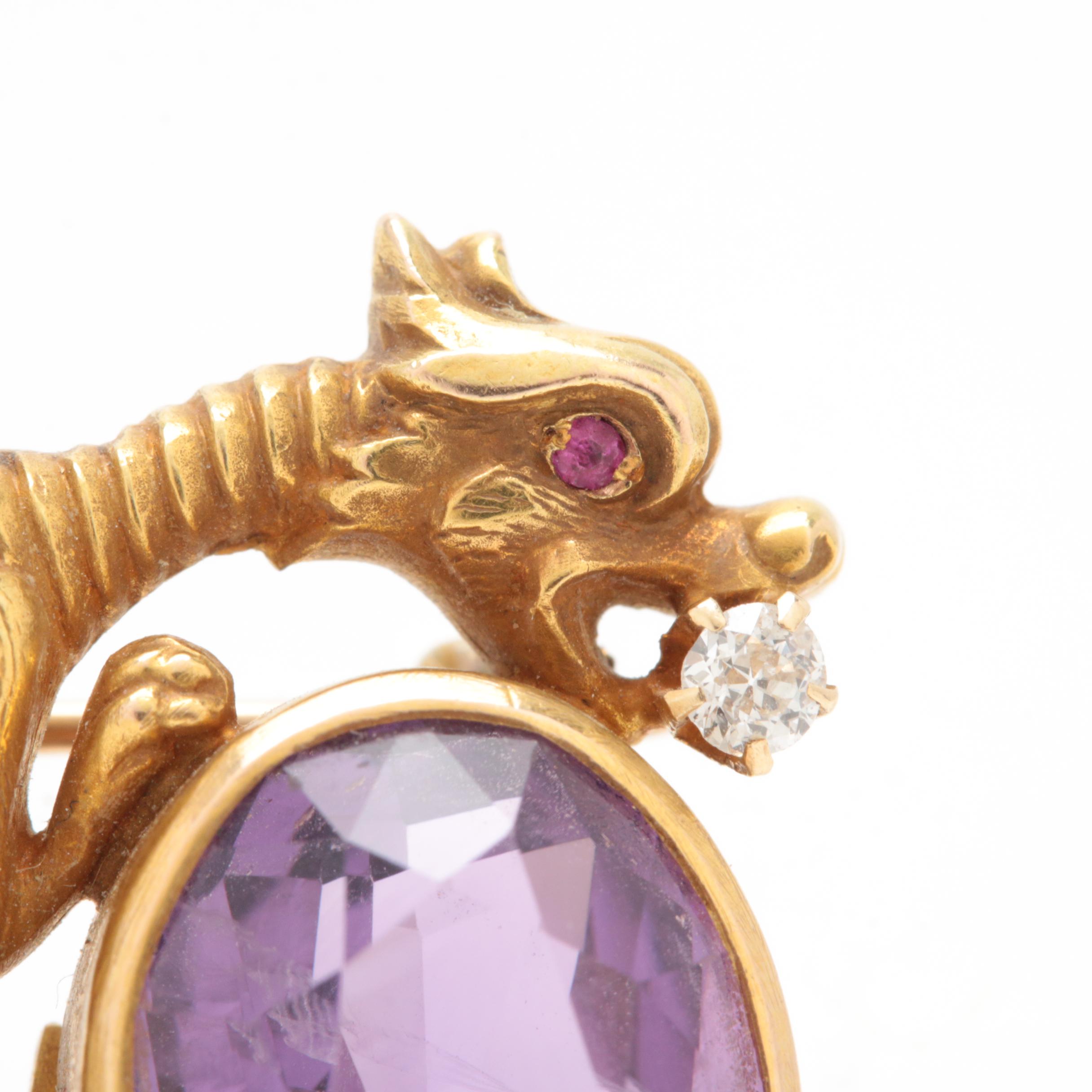 Art Nouveau 14K Yellow Gold Amethyst, Diamond, and Ruby Dragon Brooch