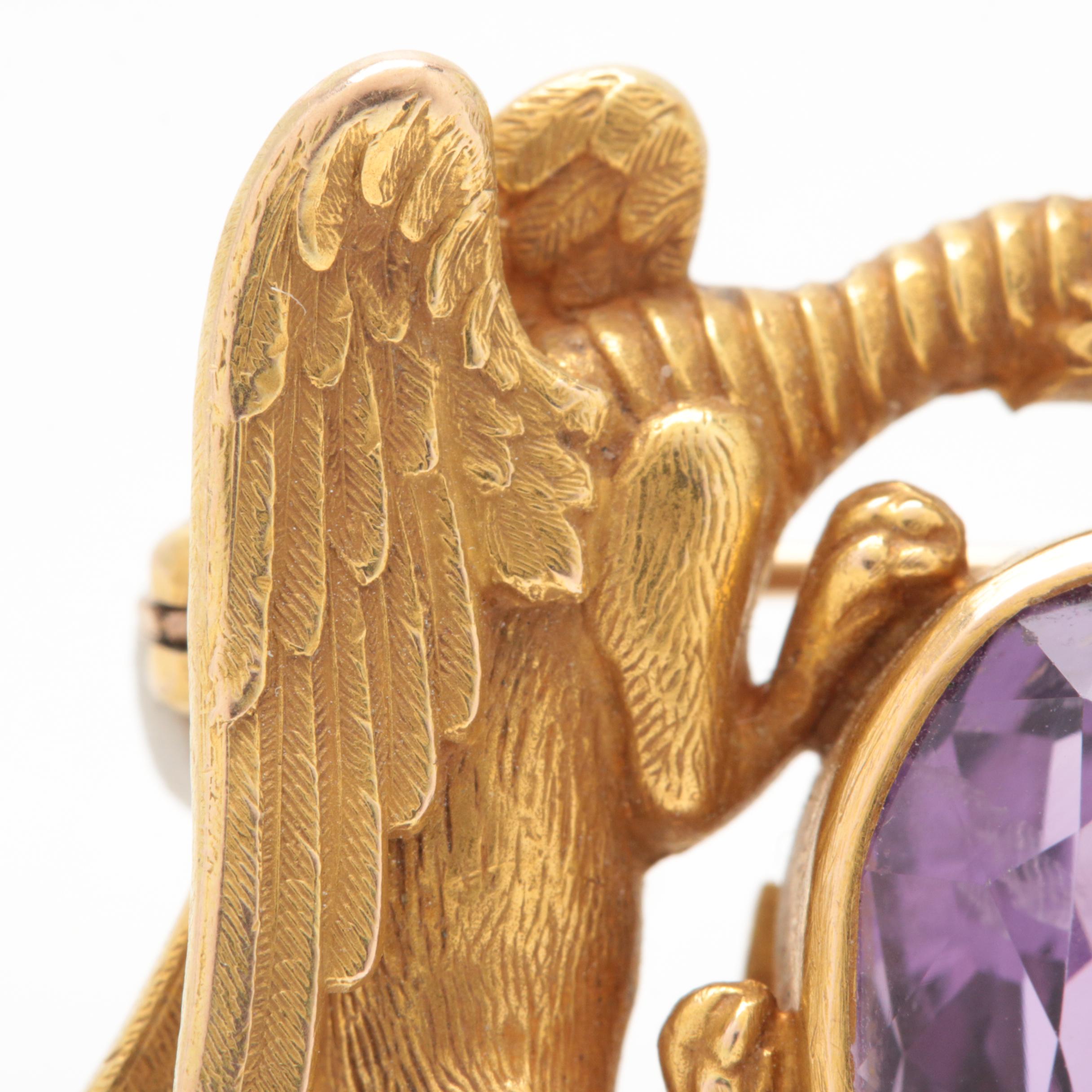 Art Nouveau 14K Yellow Gold Amethyst, Diamond, and Ruby Dragon Brooch