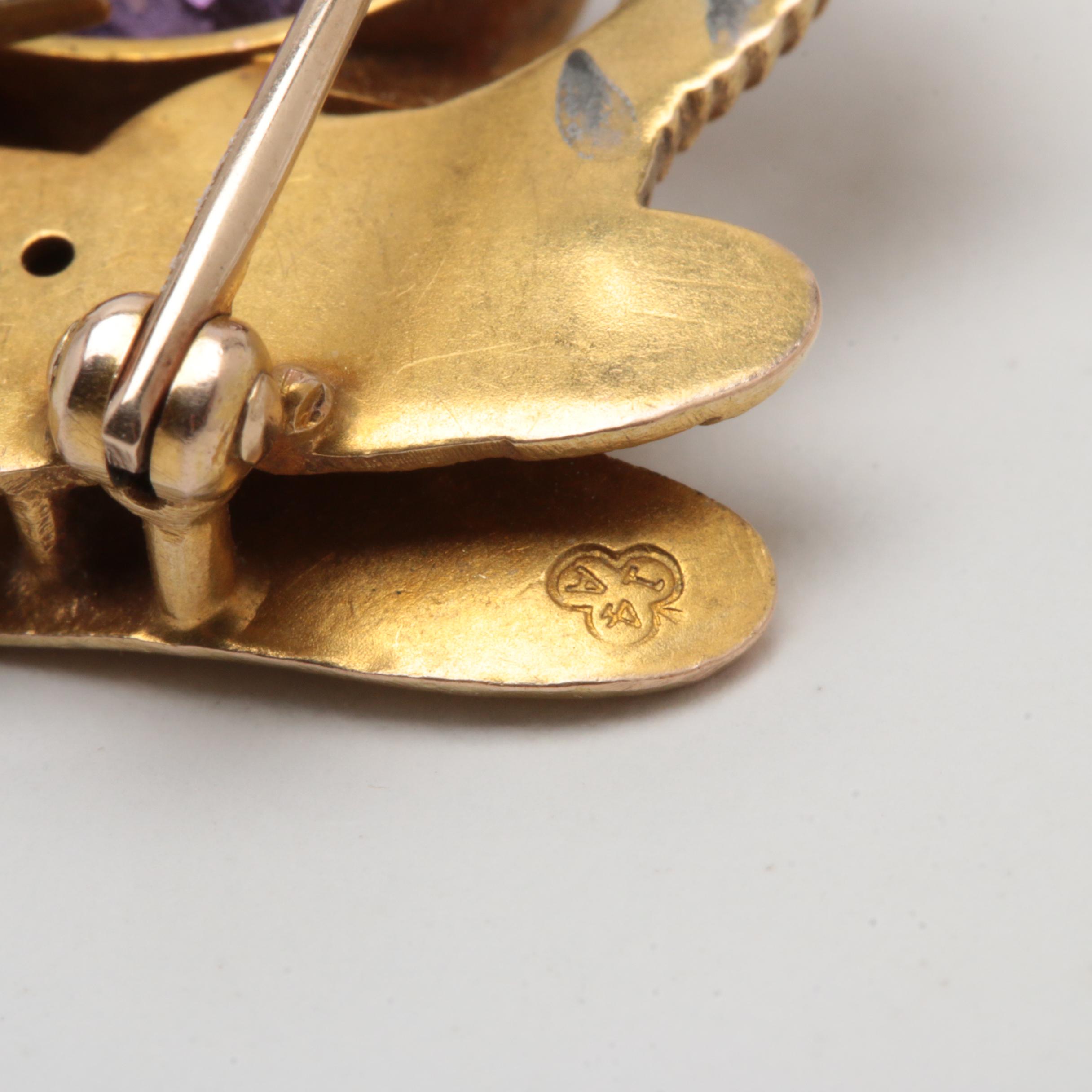 Art Nouveau 14K Yellow Gold Amethyst, Diamond, and Ruby Dragon Brooch